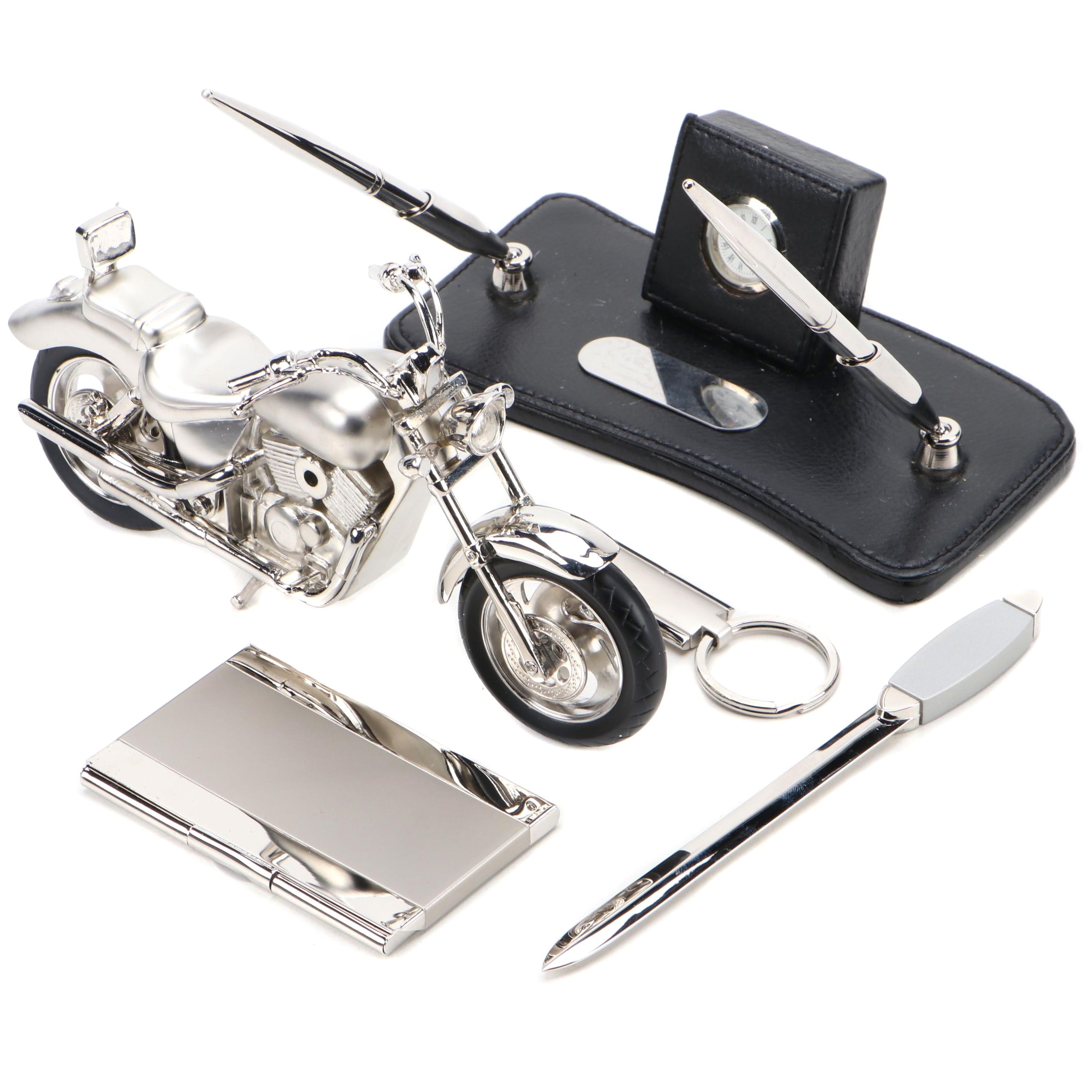 Motorcycle Shaped and Other Desk Clock with Desk Accessories