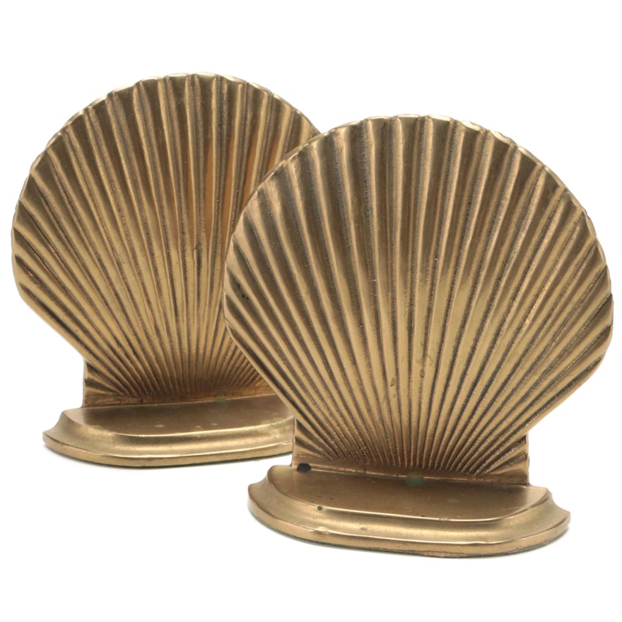 Pair of Leonard Cast Brass Clamshell Bookends, Mid to Late 20th Century