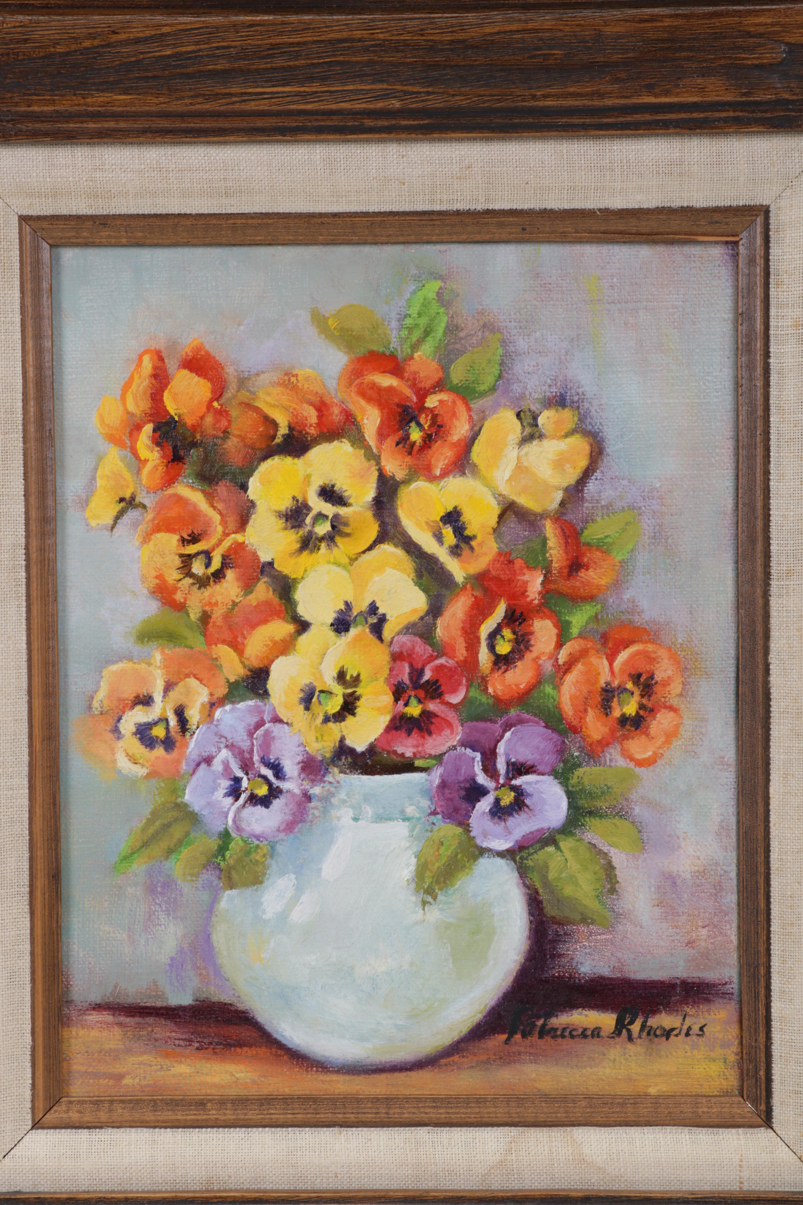 Rebecca Rhodes Oil Painting of Pansy Flowers in Vase