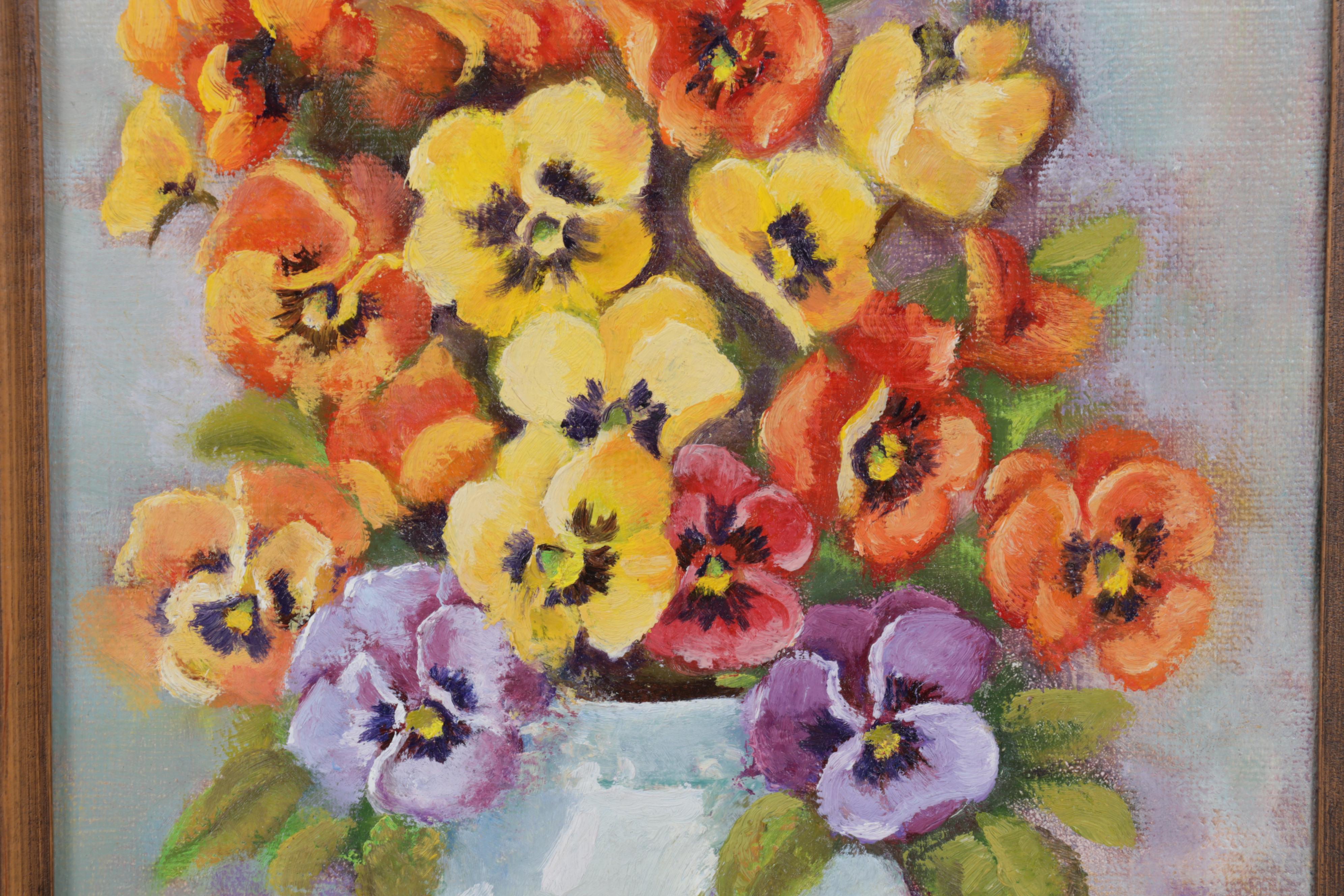 Rebecca Rhodes Oil Painting of Pansy Flowers in Vase