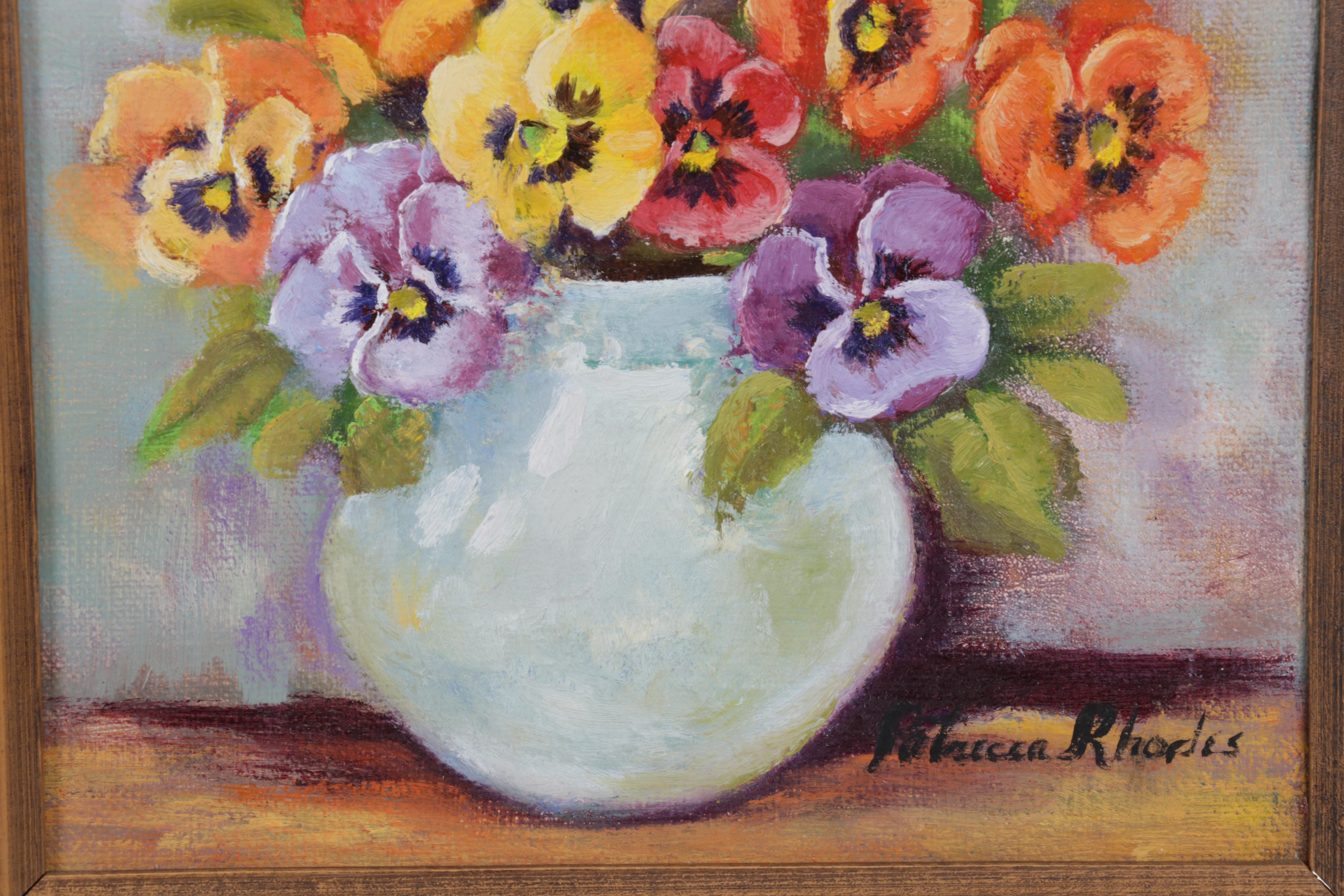 Rebecca Rhodes Oil Painting of Pansy Flowers in Vase