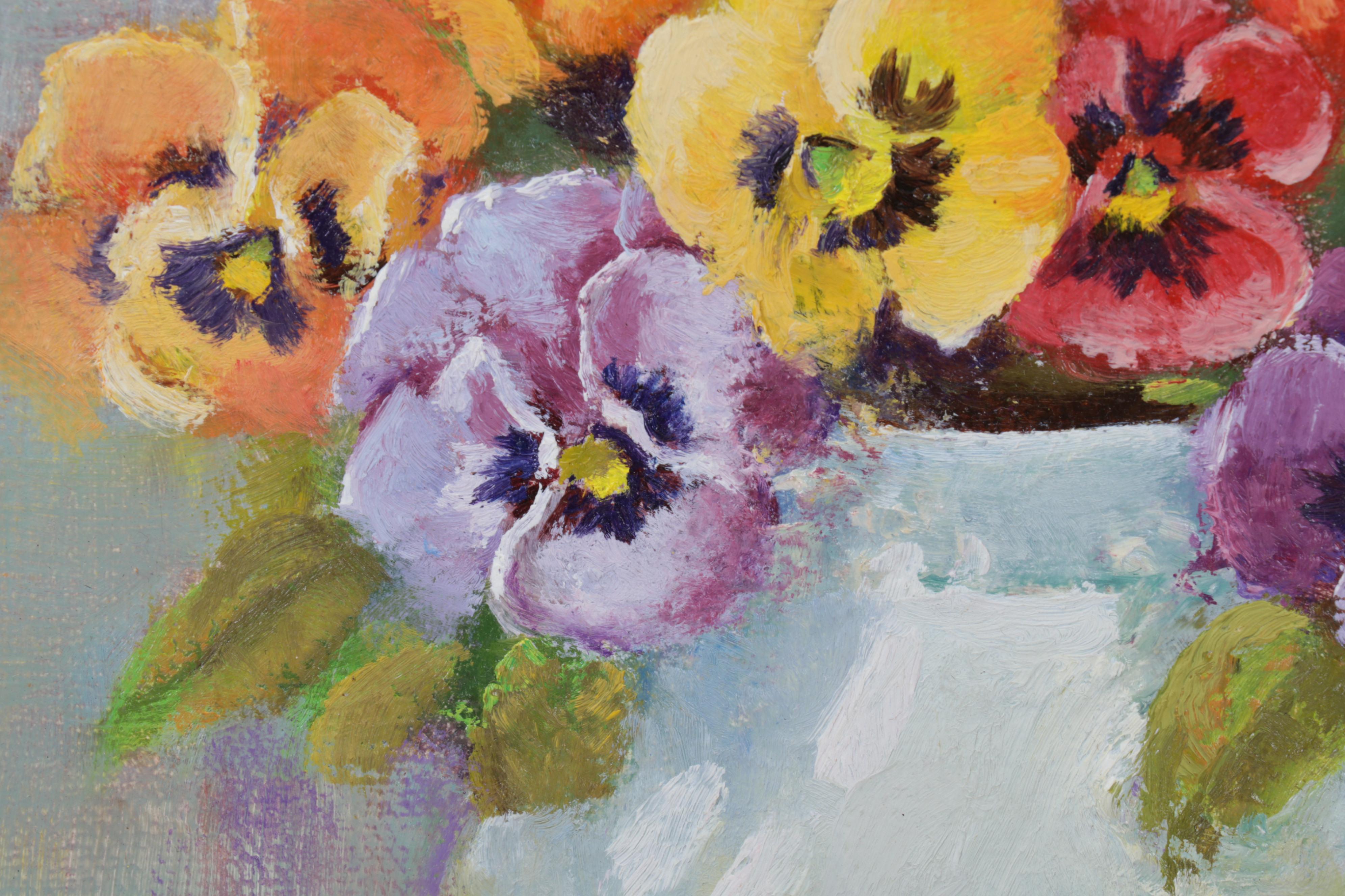 Rebecca Rhodes Oil Painting of Pansy Flowers in Vase
