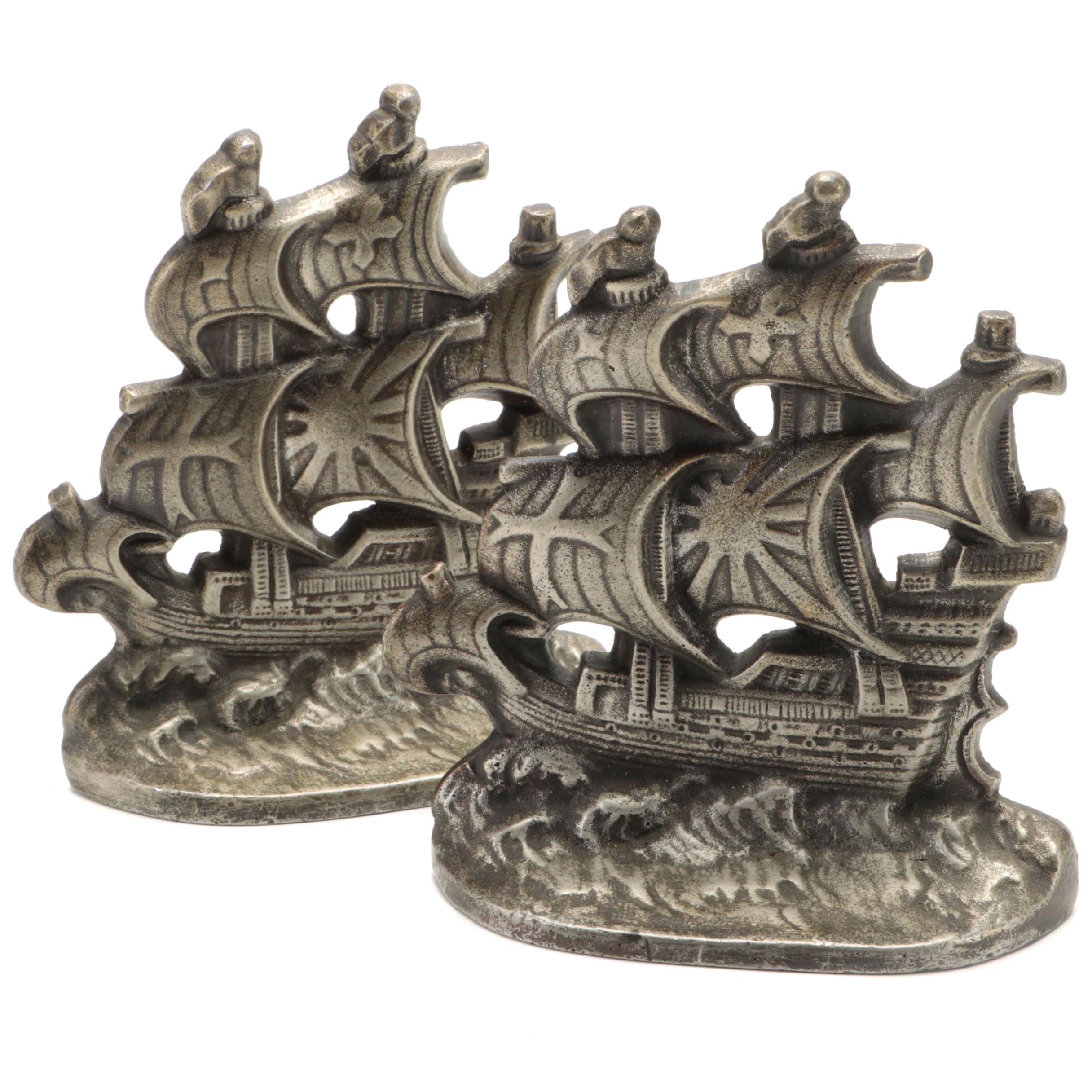 Connecticut Foundry Cast Metal Spanish Galleon Bookends, Early 20th Century