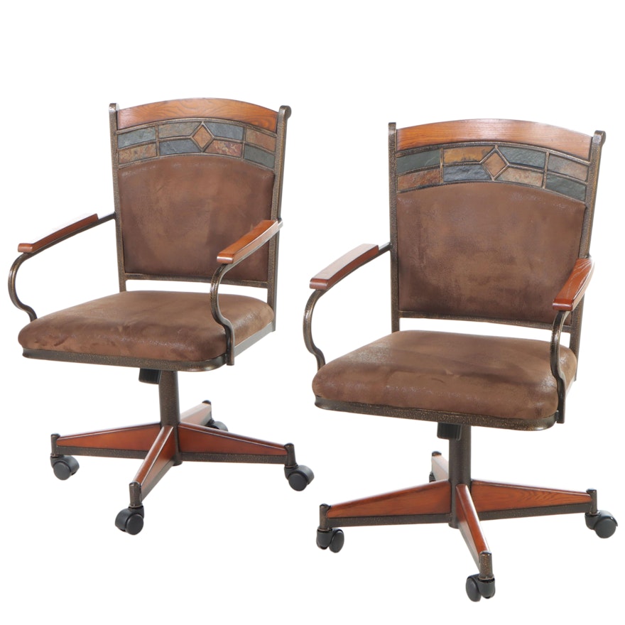 Pair of Chromcraft "Capetown" Oak, Metal, and Slate Swivel-Tilit Dining Chairs