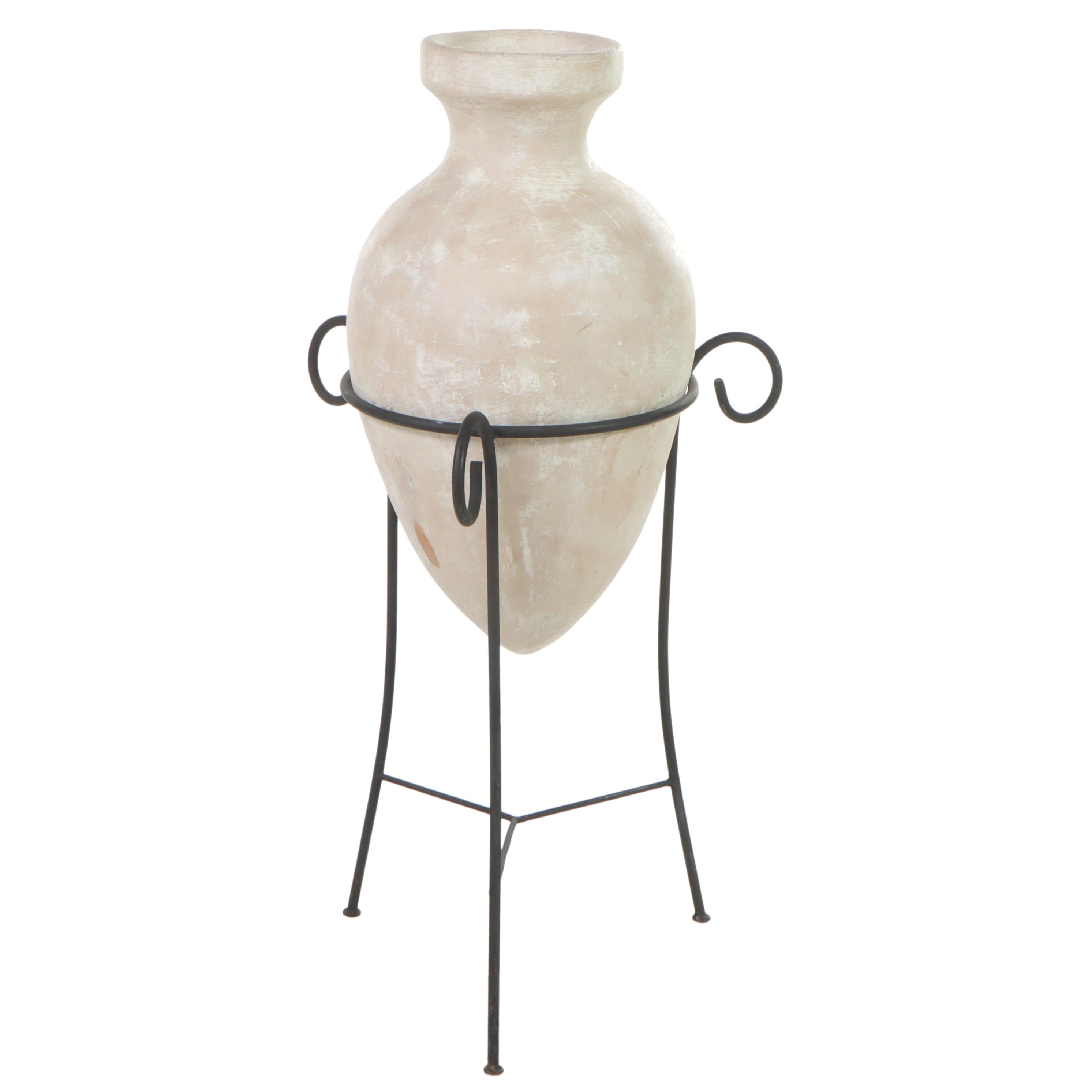 Glazed Terracotta Urn on Iron Stand