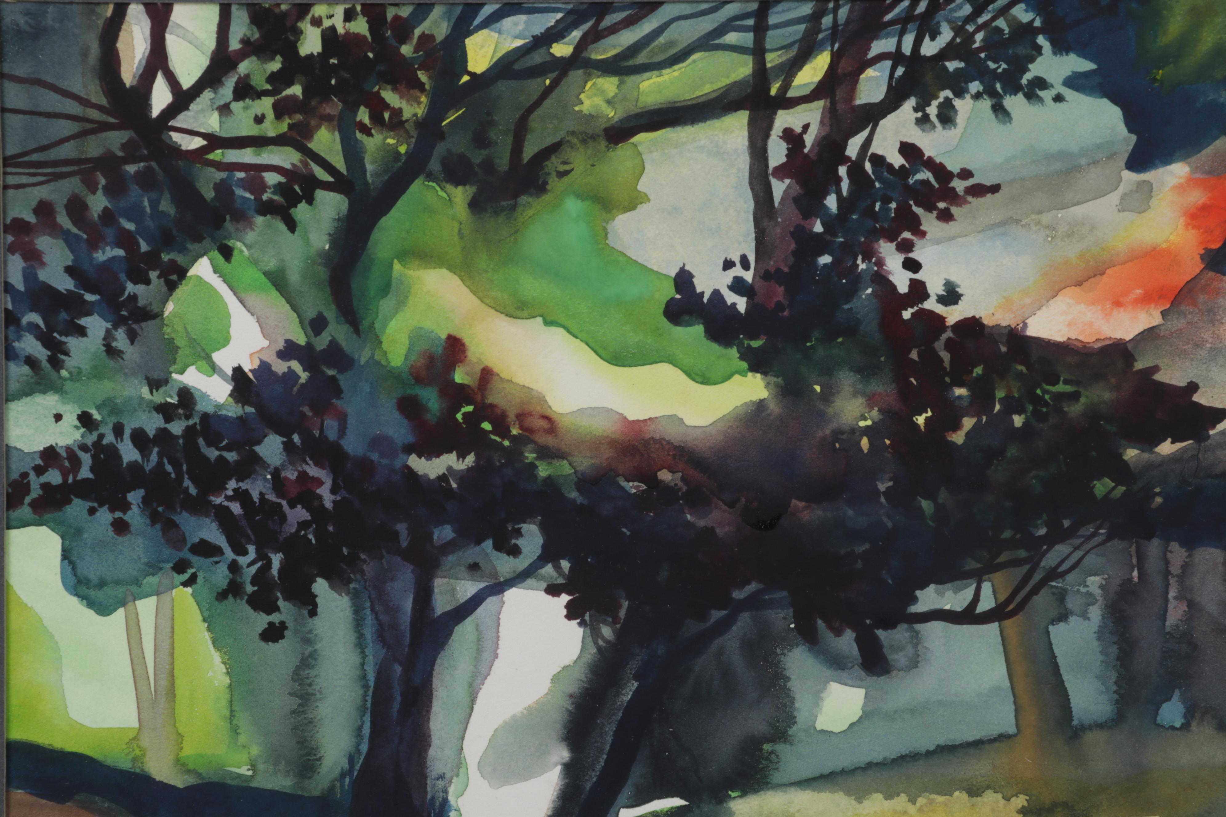 Rural Pond Landscape Watercolor Painting, Late 20th Century