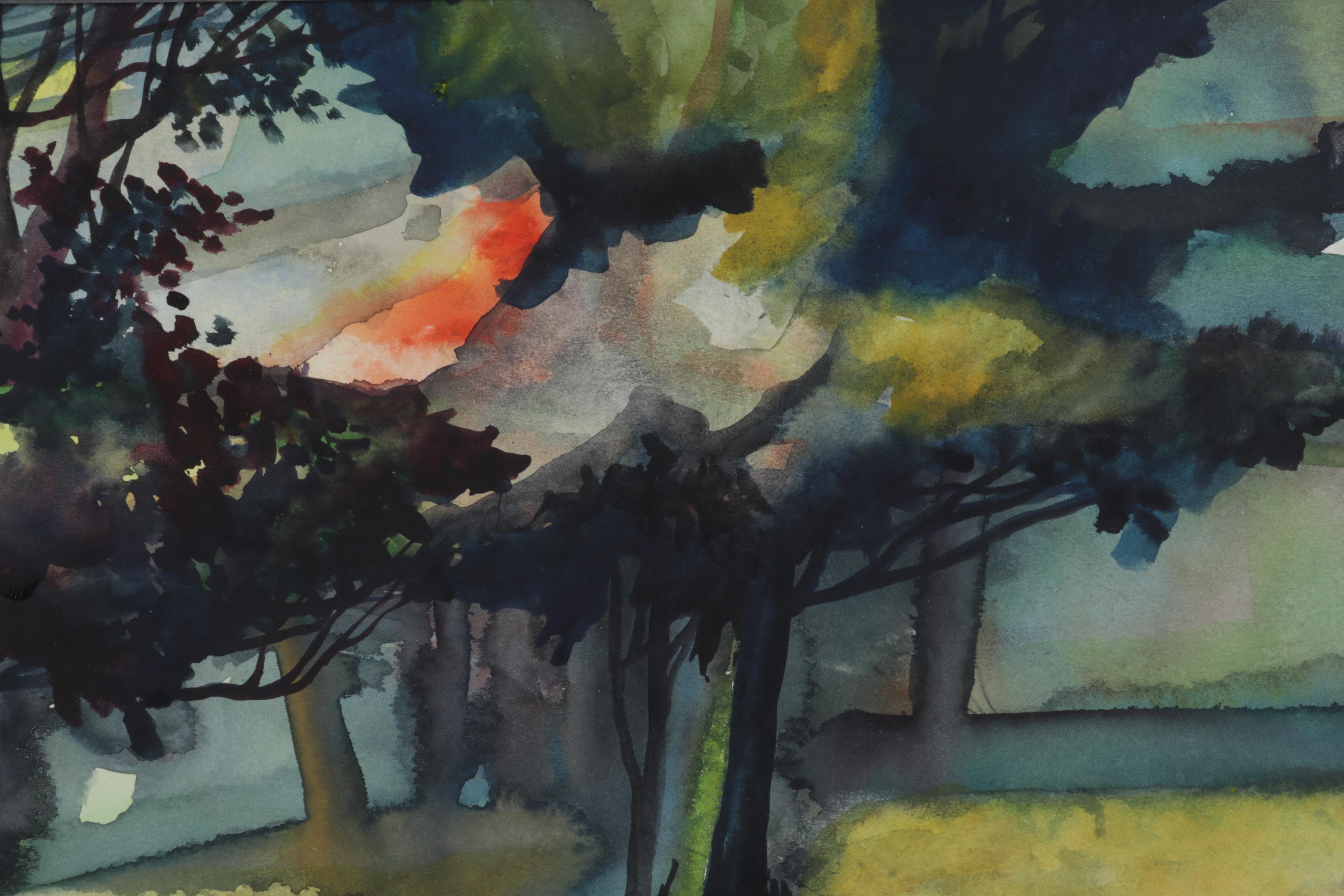 Rural Pond Landscape Watercolor Painting, Late 20th Century