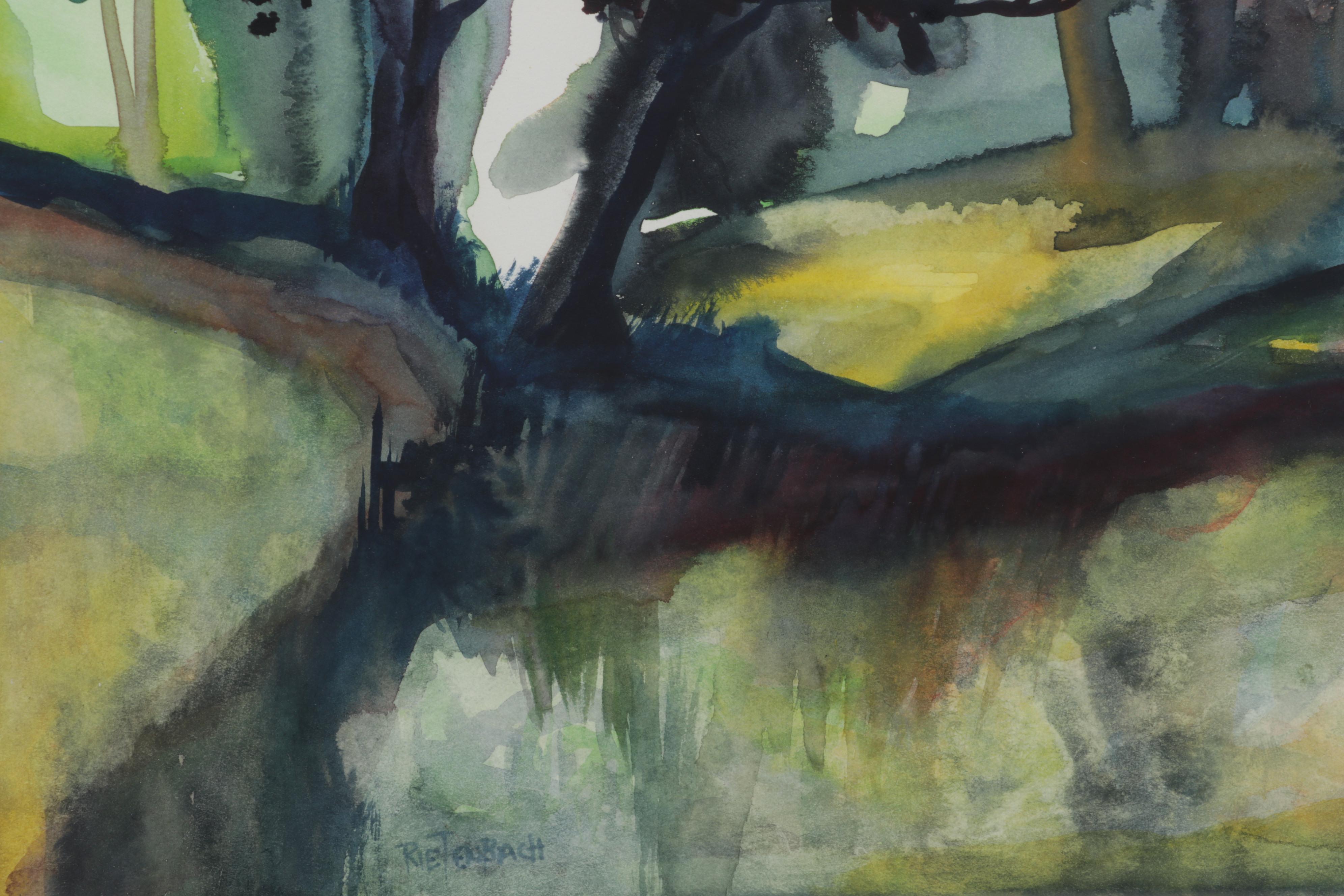 Rural Pond Landscape Watercolor Painting, Late 20th Century