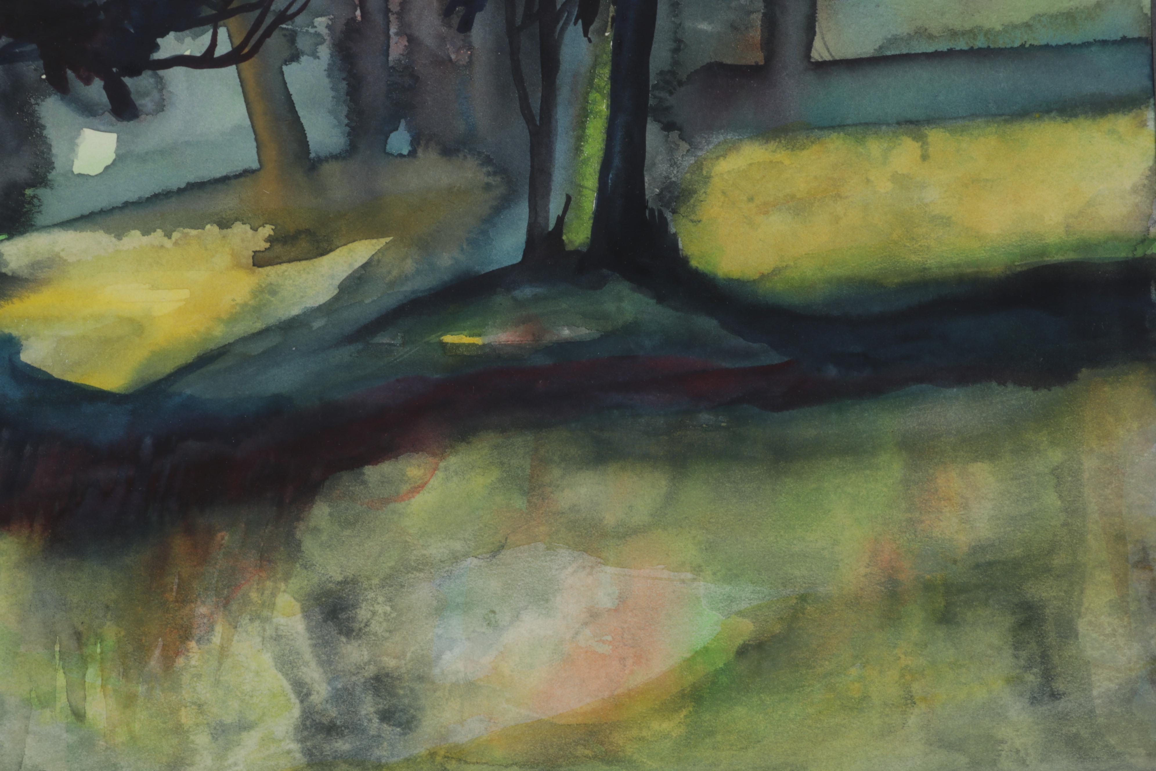 Rural Pond Landscape Watercolor Painting, Late 20th Century