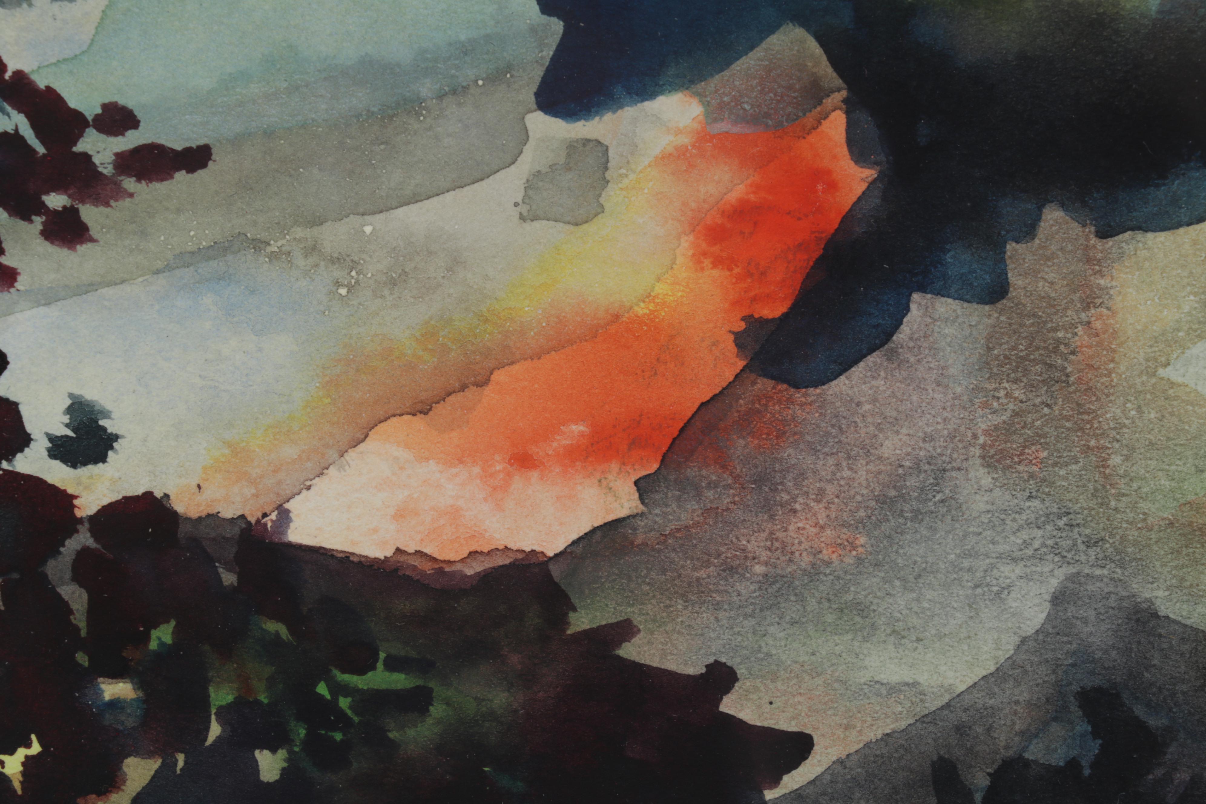 Rural Pond Landscape Watercolor Painting, Late 20th Century