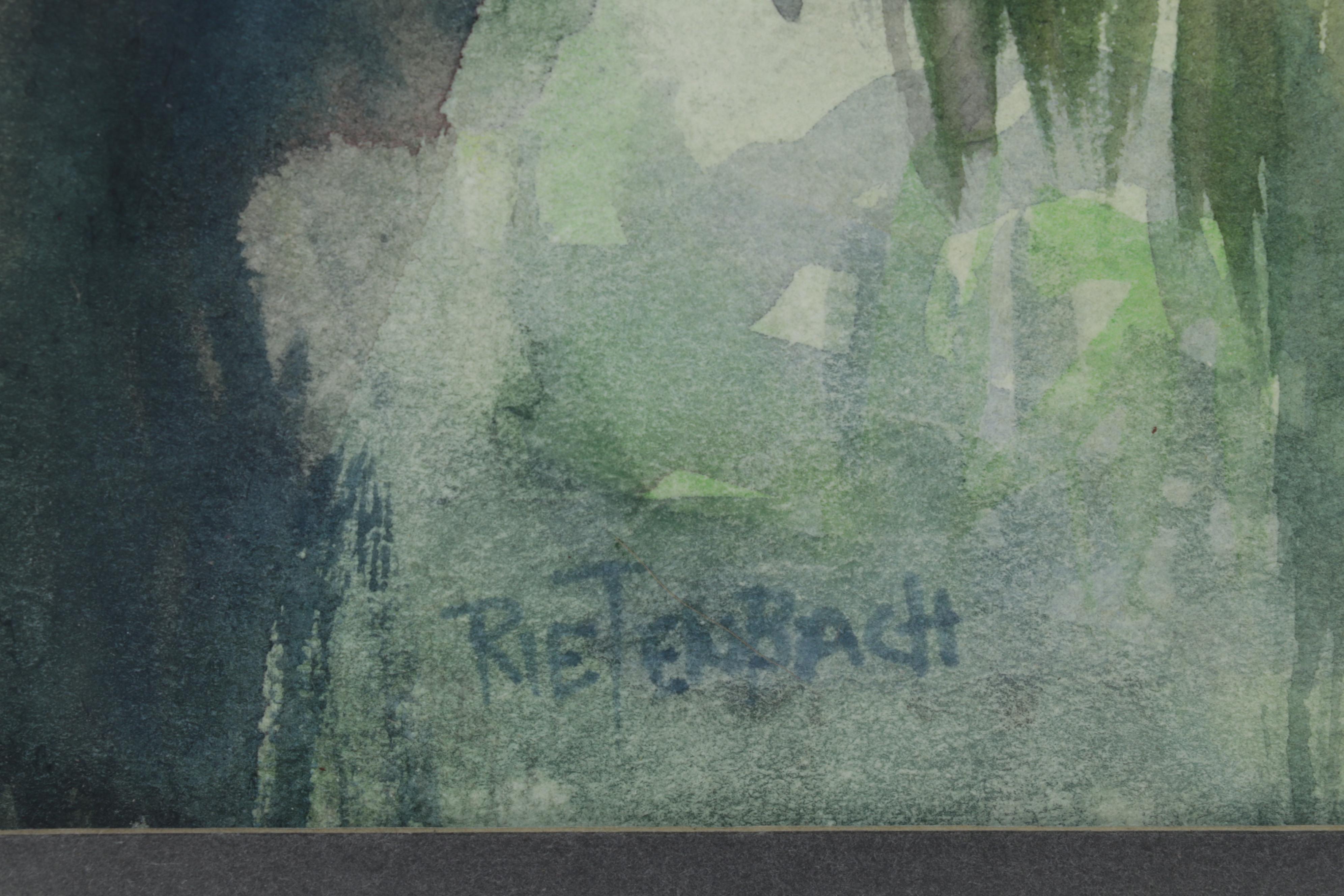 Rural Pond Landscape Watercolor Painting, Late 20th Century