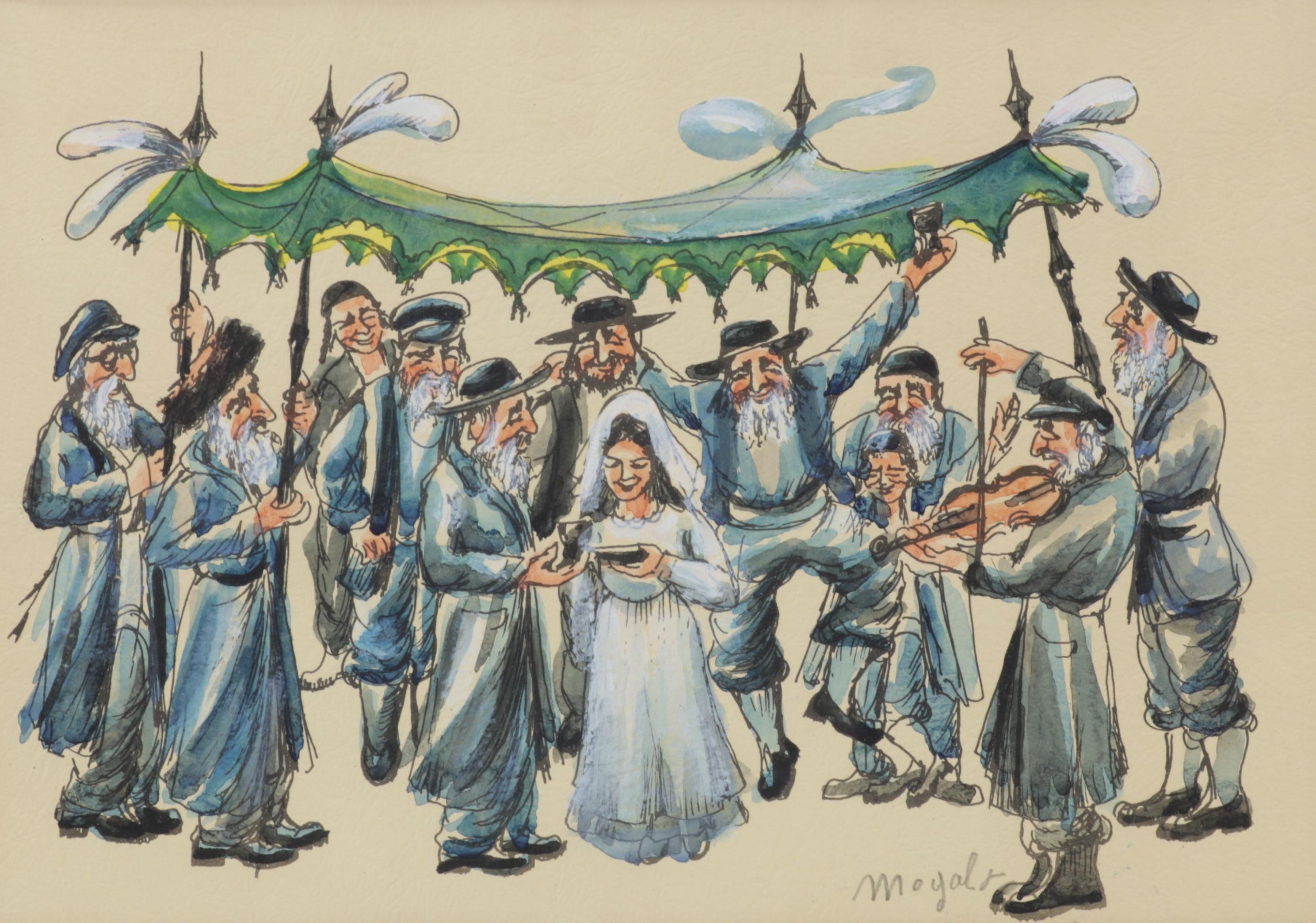 Moyal J. Watercolor Painting of Jewish Wedding, Late 20th Century