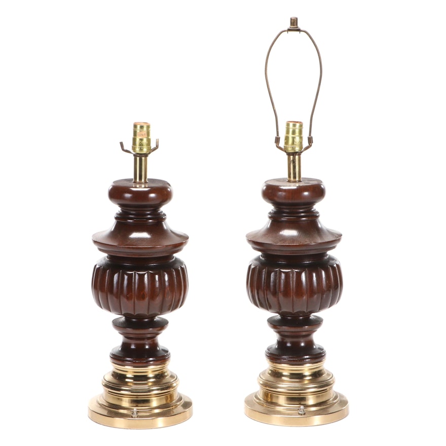 Brass Base and Ribbed Wooden Table Lamps, Mid to Late 20th Century