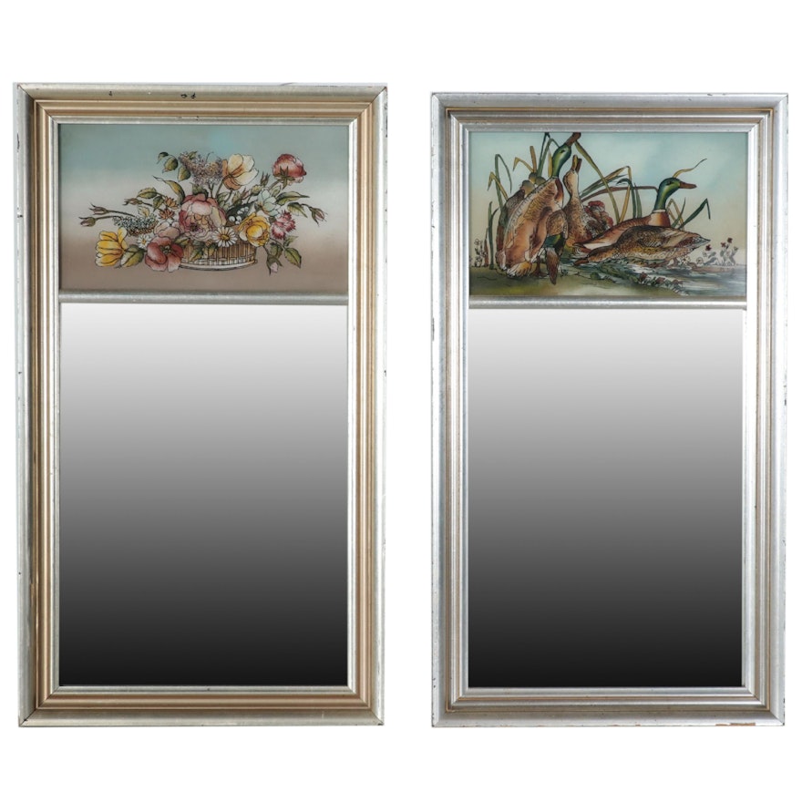 Eglomise Rectangular Wall Hanging Mirrors With Duck and Flower Motifs