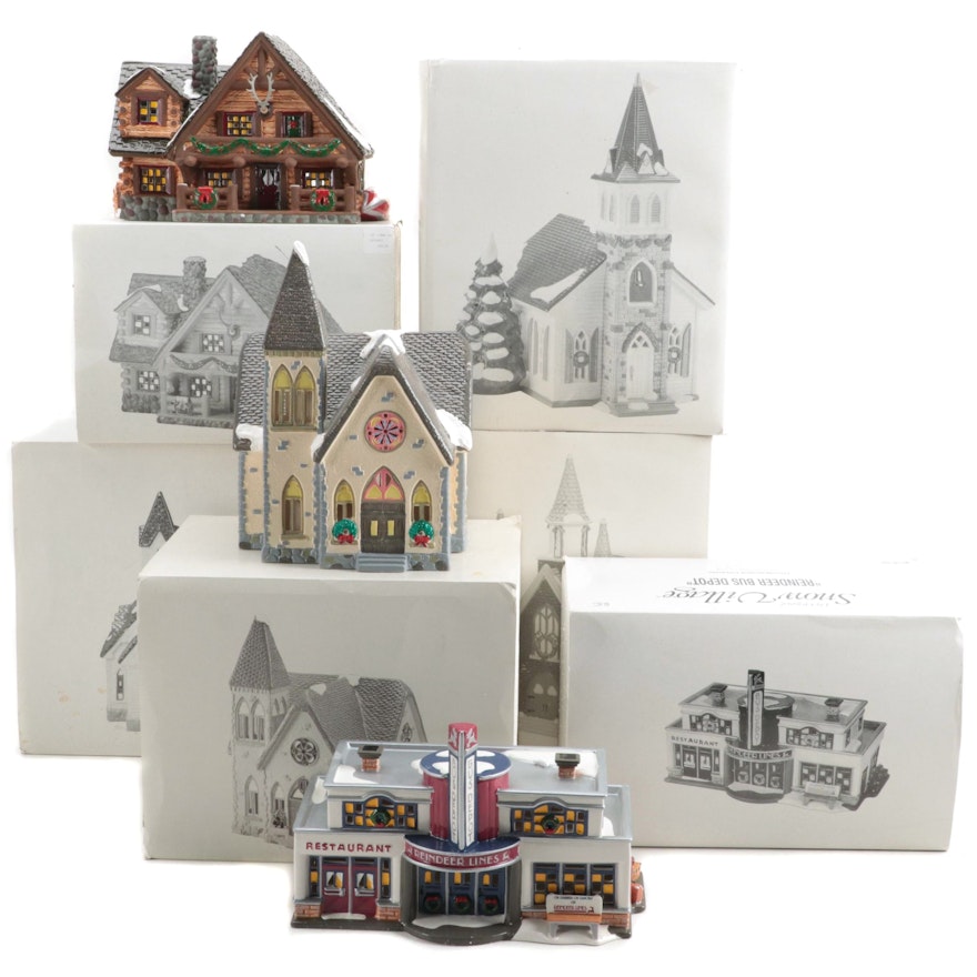 Department 56 "Hunting Lodge" with Other Snow Village Illuminated Houses