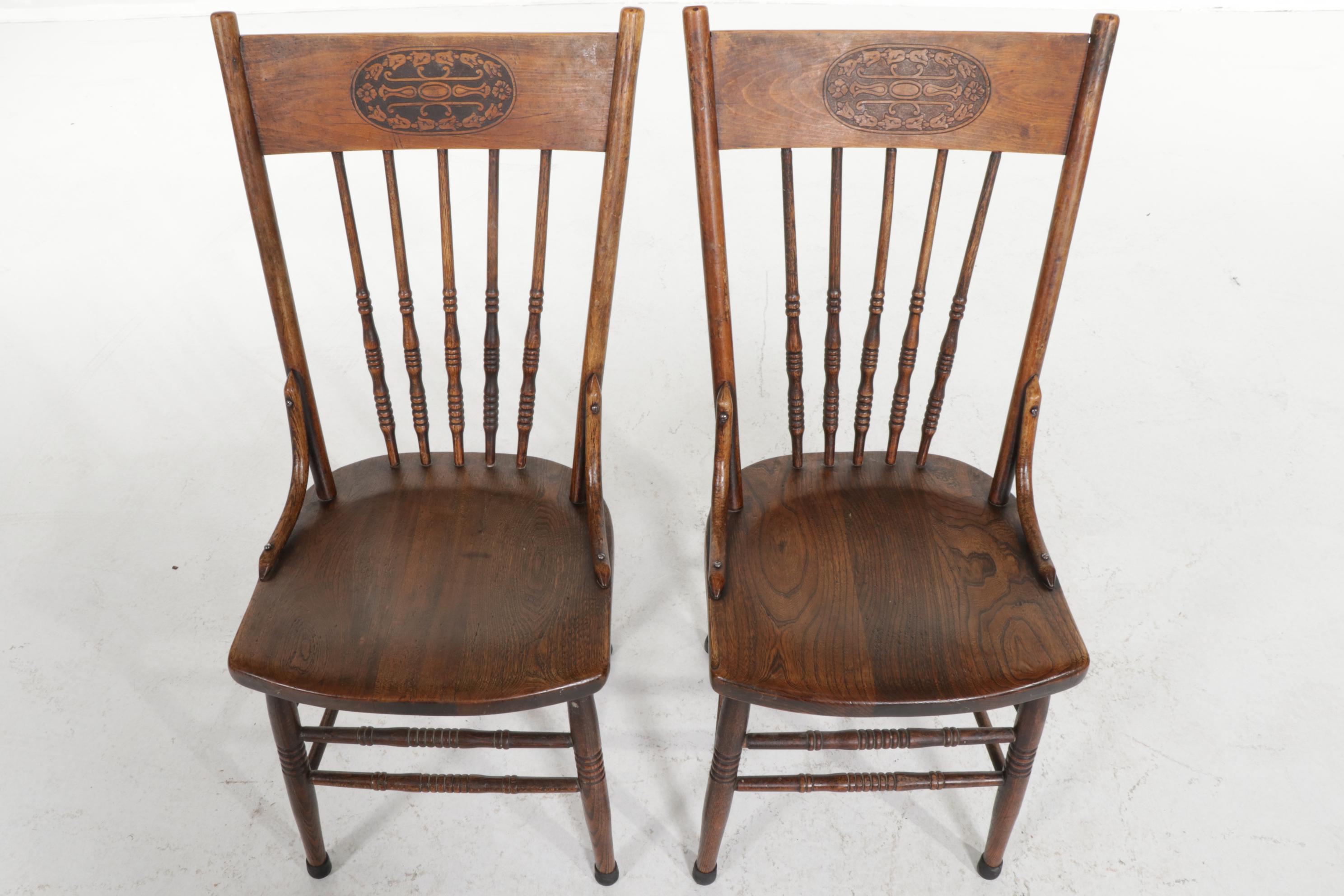 English Arts and Crafts Style Elm Spindle Back Side Chairs, Early 20th Century