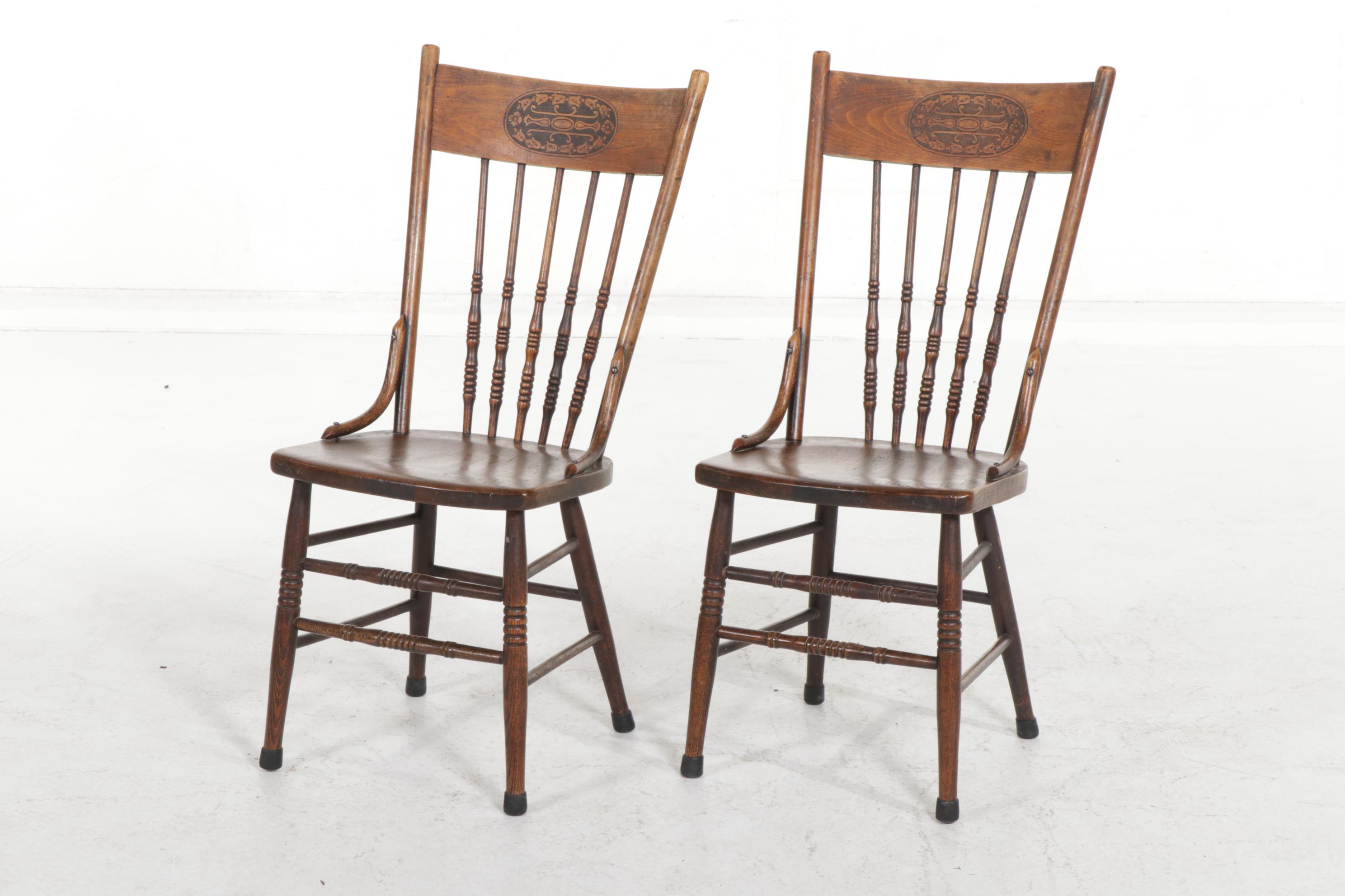 English Arts and Crafts Style Elm Spindle Back Side Chairs, Early 20th Century