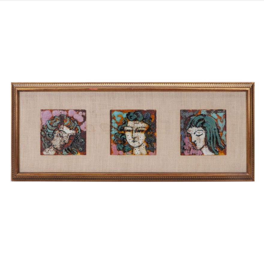 Female Portrait Enamel Paintings on Tile, Circa 1995