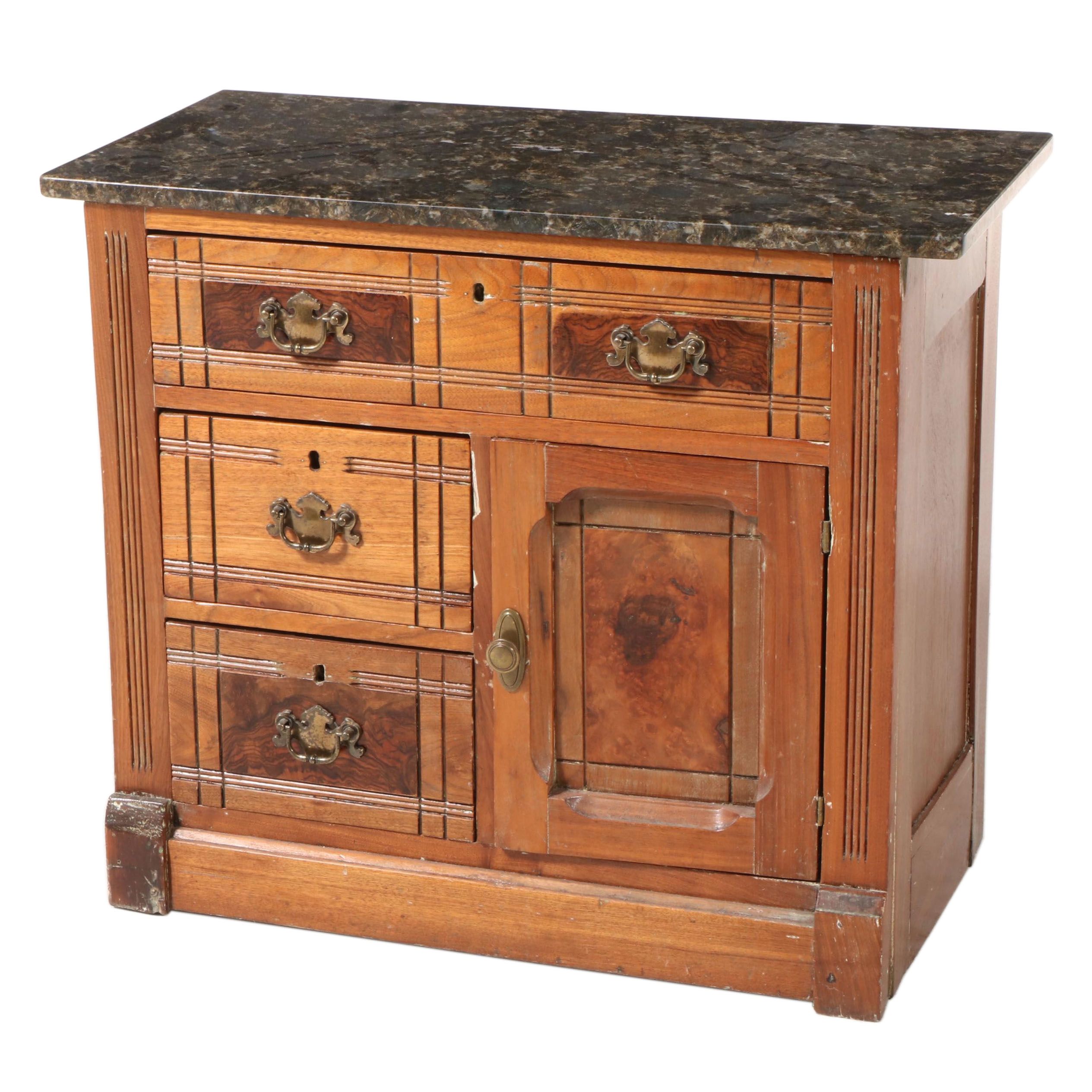 Victorian Walnut, Burl Walnut, and Granite Top Washstand