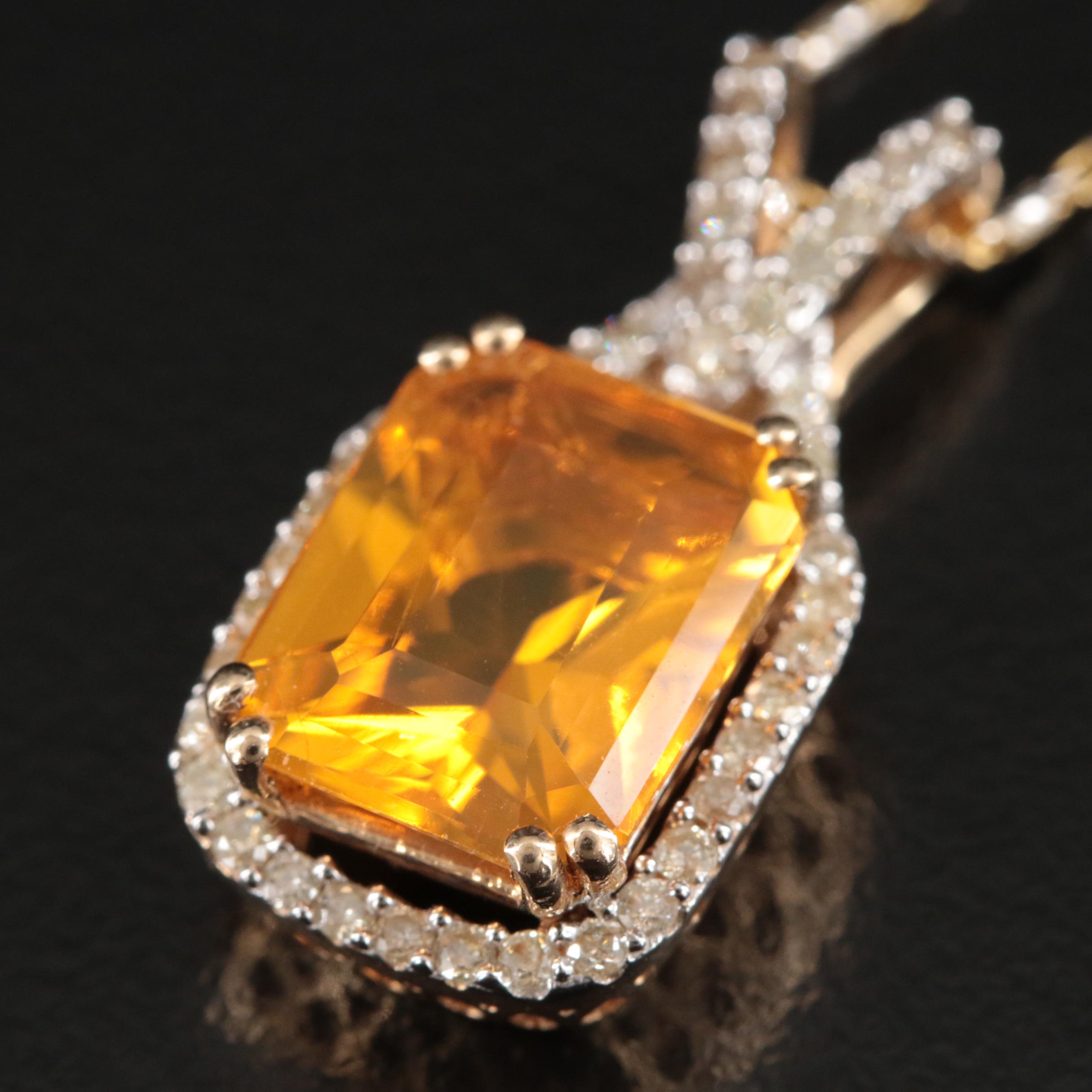14K Fire Opal and Diamond Pendant Necklace
