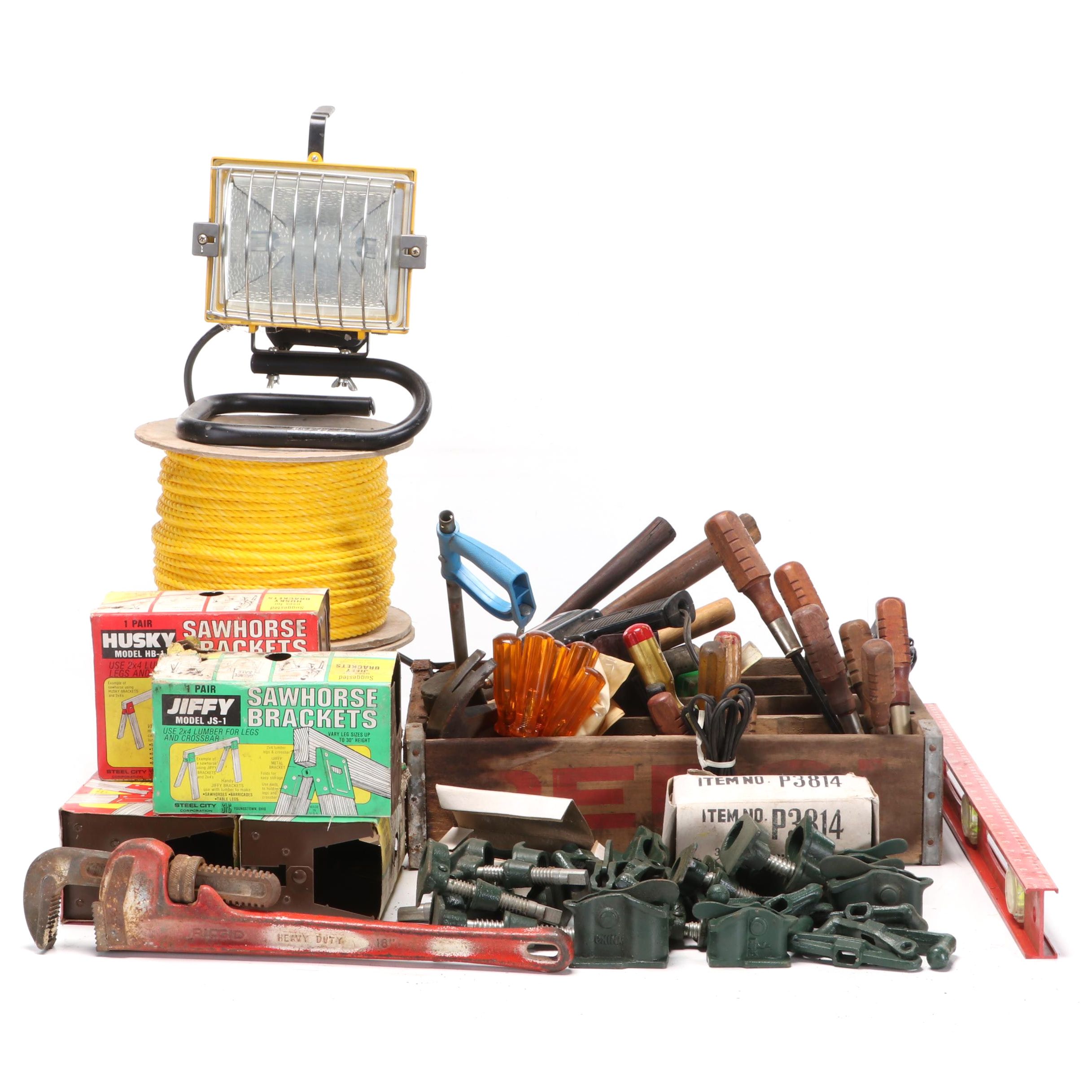 Hand Tool Assortment with Sawhorse Brackets, Pipe Clamps, and More
