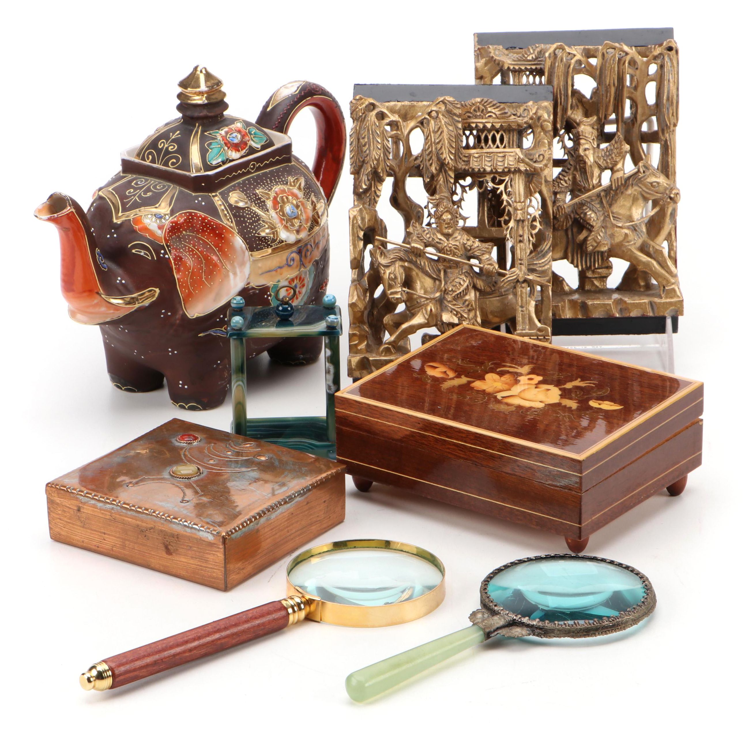 Chinese Gilt Wood Carved Panels, Moriyama Elephant Teapot and More