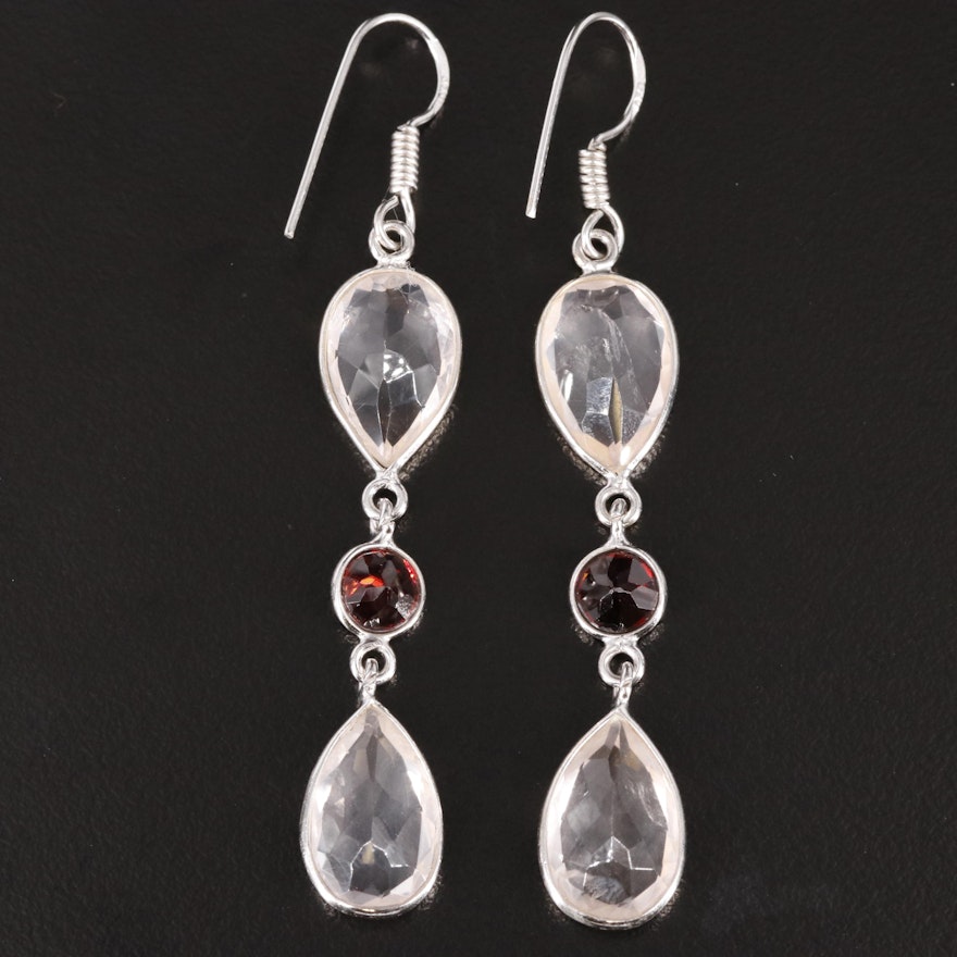 Sterling Rose Quartz and Garnet Dangle Earrings