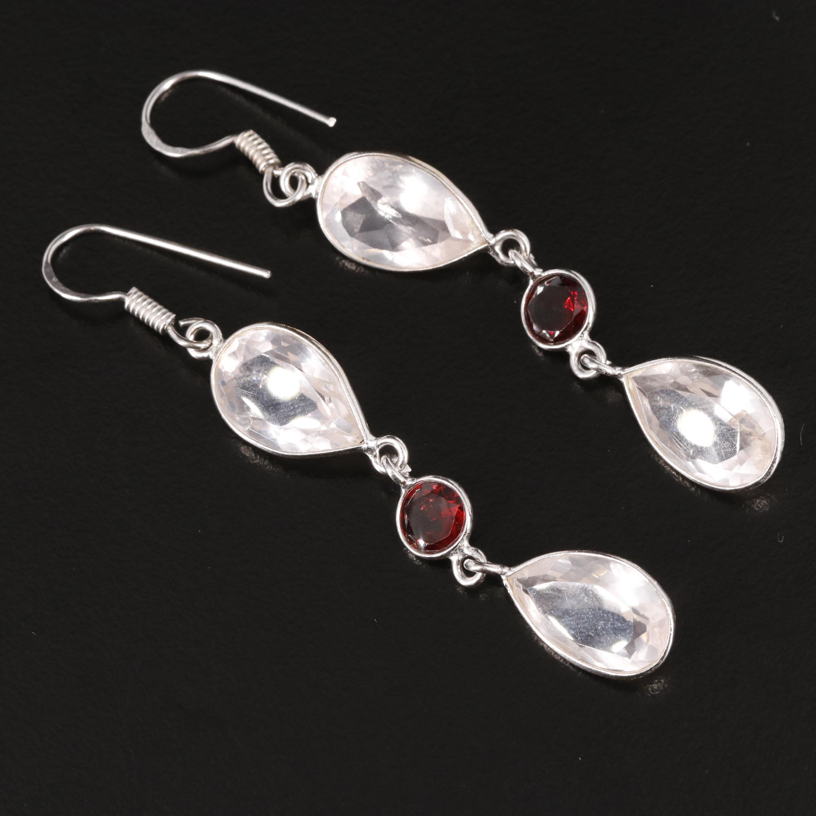 Sterling Rose Quartz and Garnet Dangle Earrings