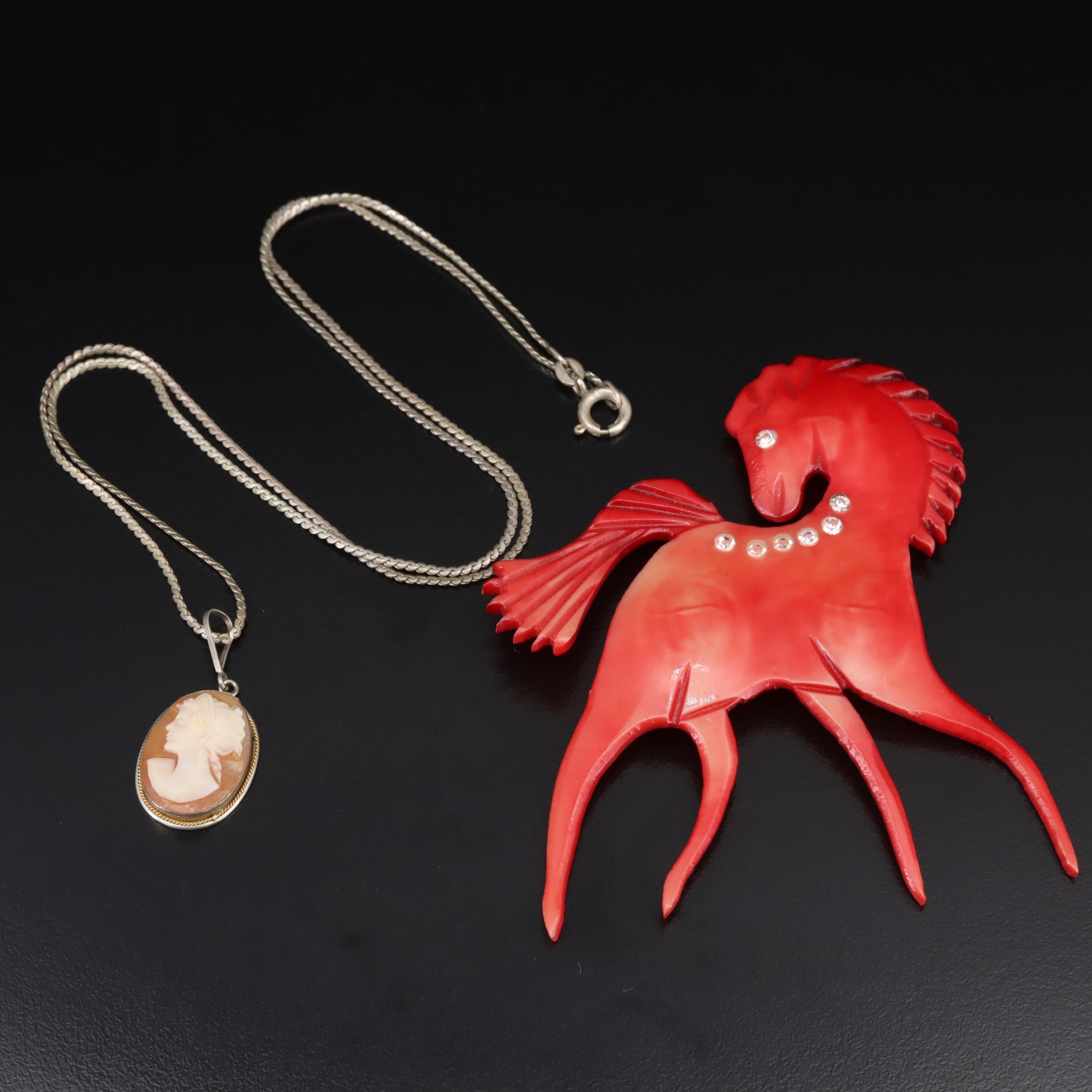 Horse Brooch and Cameo Necklace