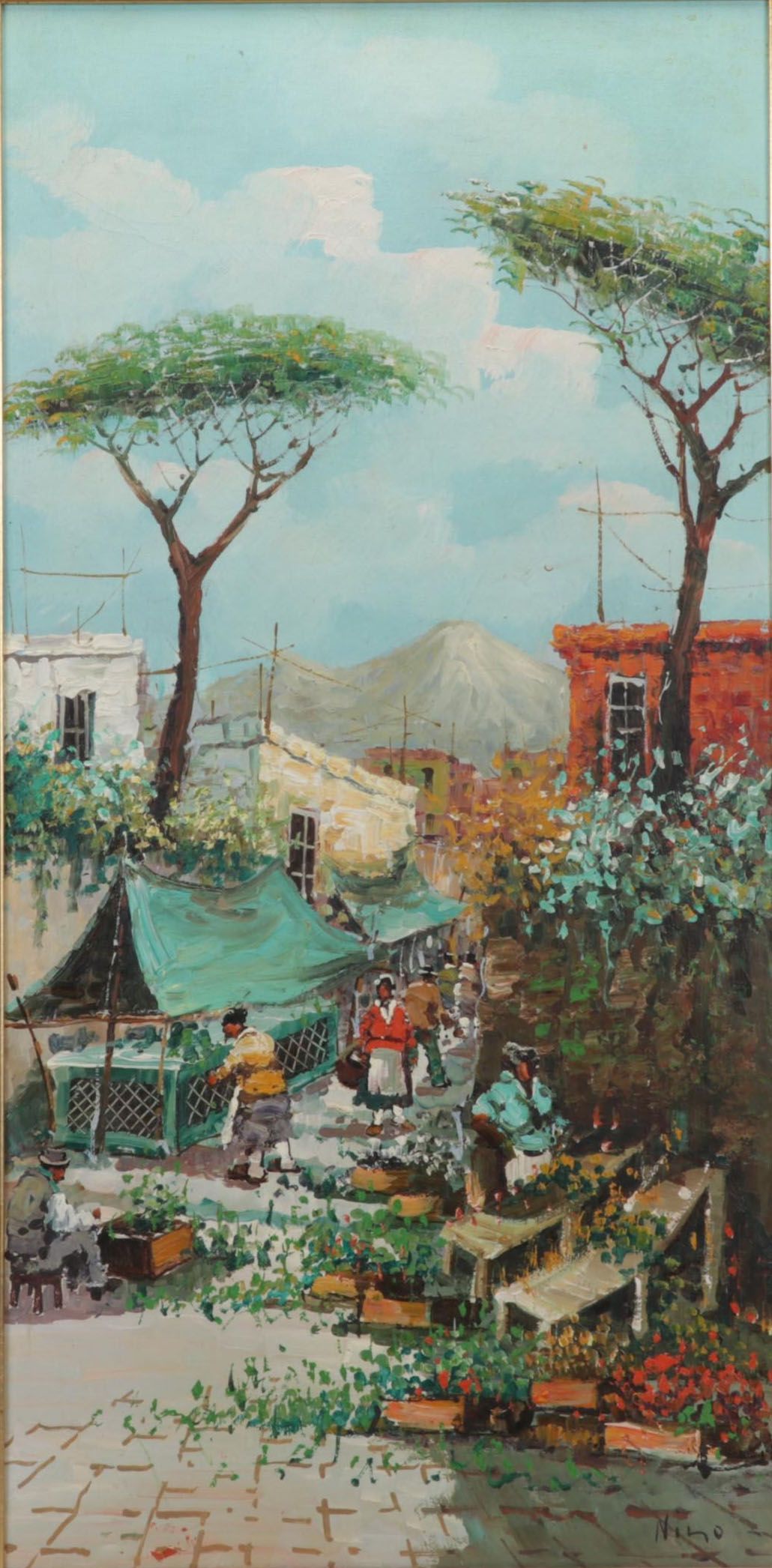 Folk Art Oil Painting of Latin American Street Market, Late 20th Century