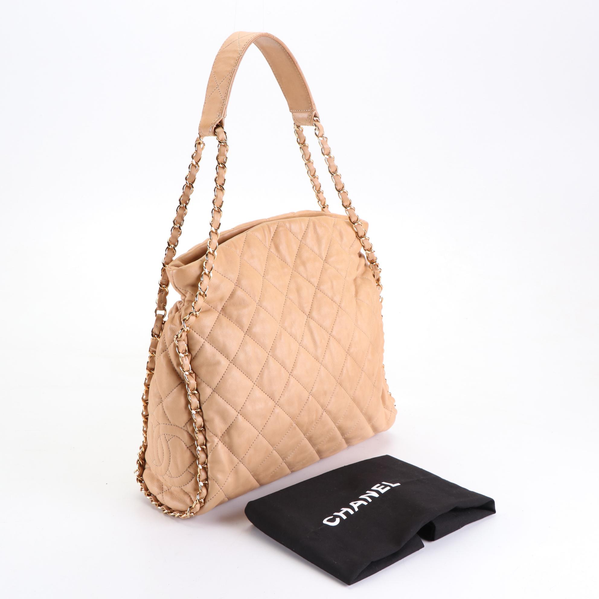 Chanel Quilted Leather Shoulder Bag with Interwoven Chain and Includes Box