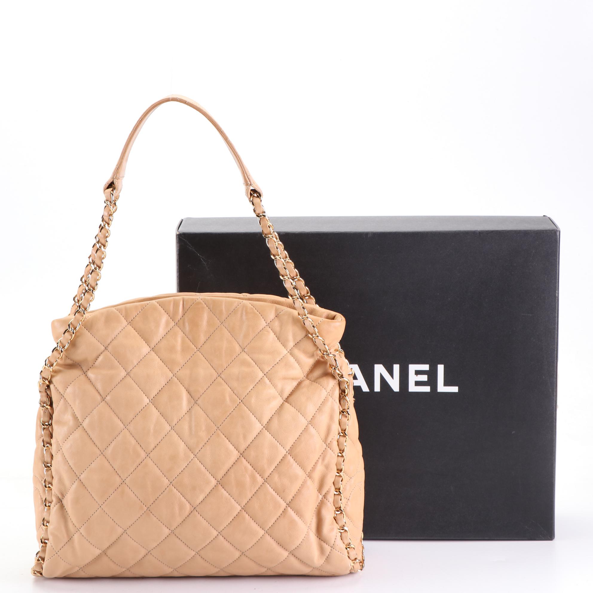 Chanel Quilted Leather Shoulder Bag with Interwoven Chain and Includes Box