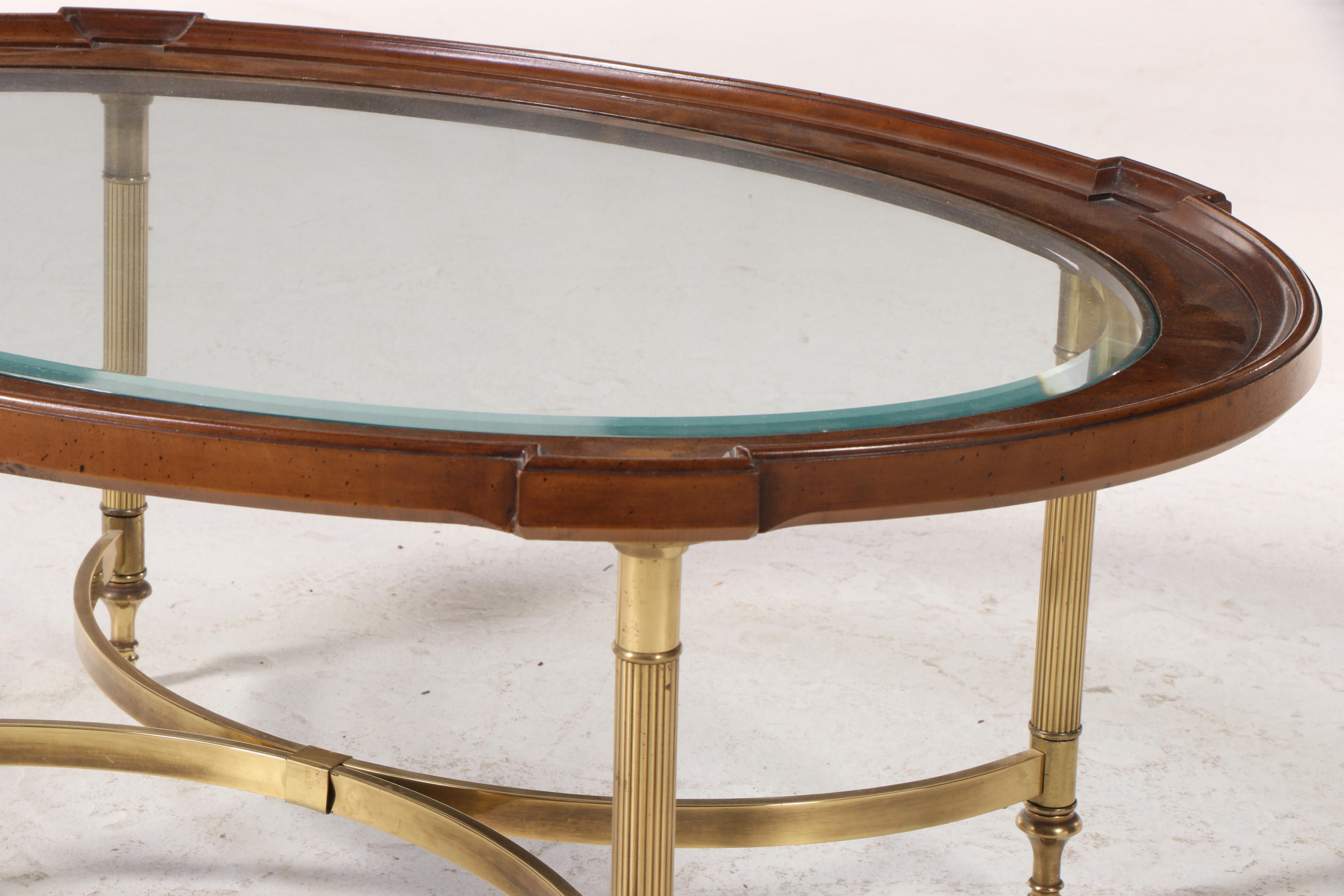 Neoclassical Style Elm, Brass, and Glass Top Coffee Table