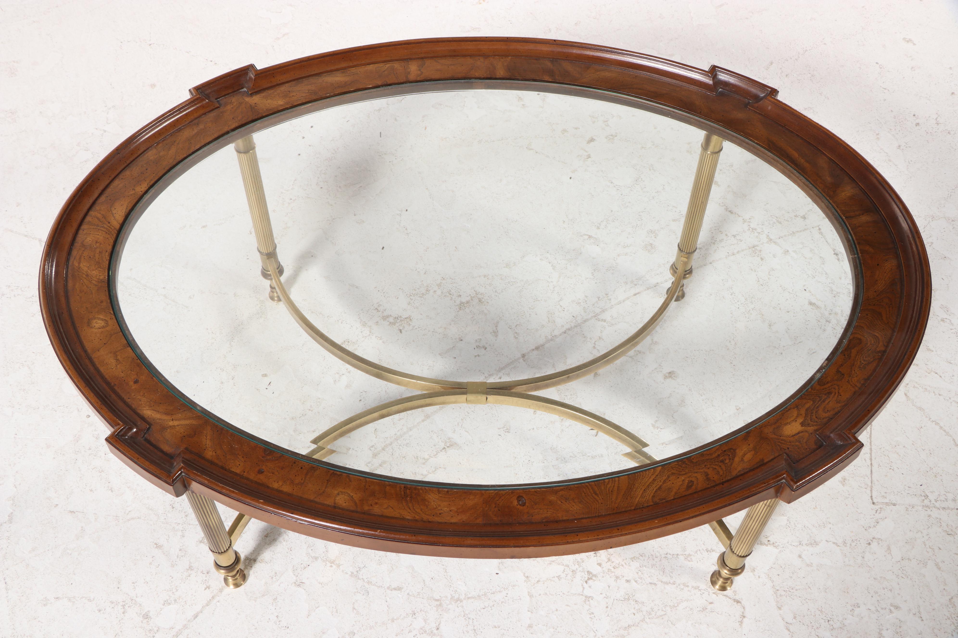 Neoclassical Style Elm, Brass, and Glass Top Coffee Table