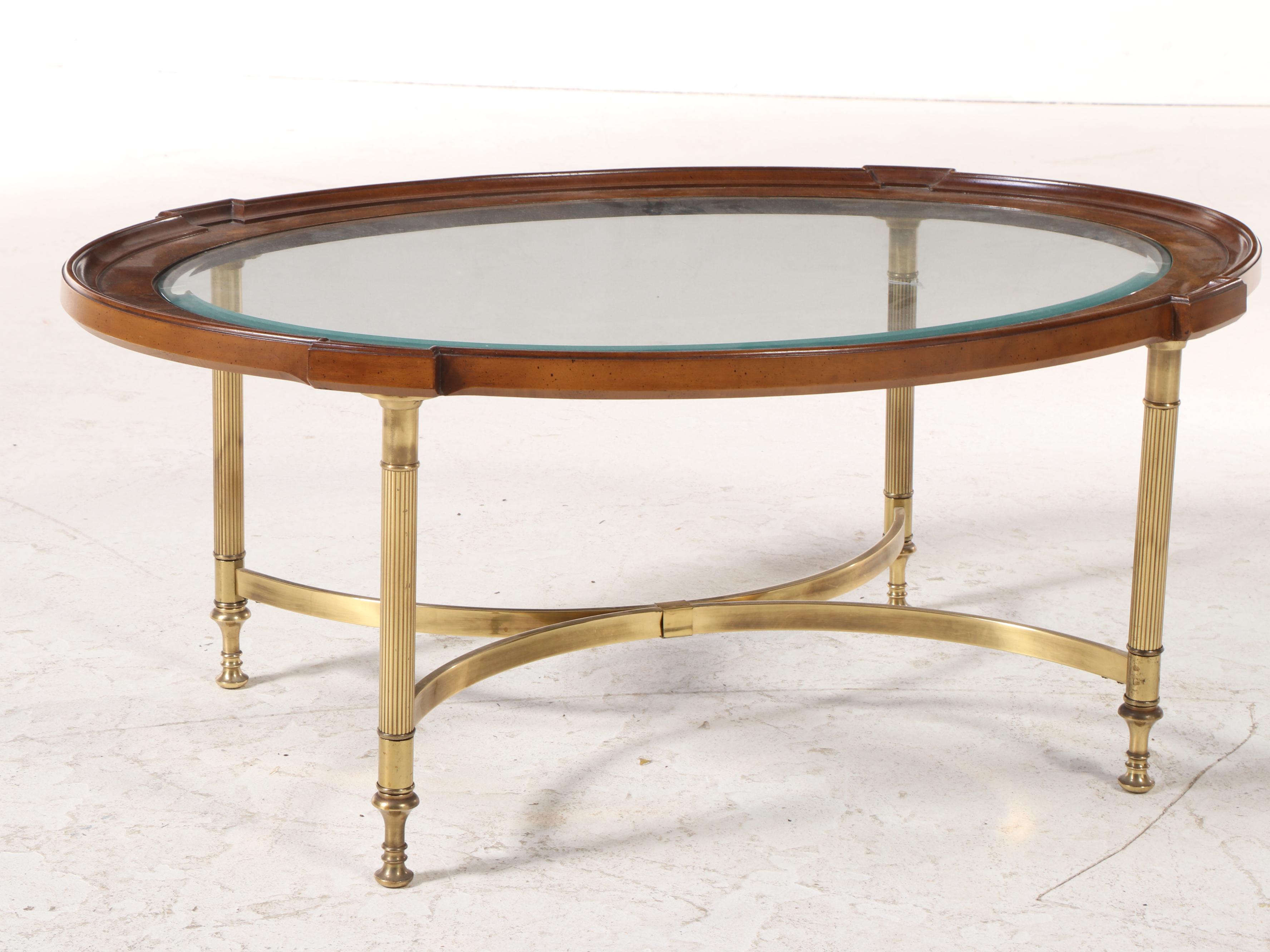 Neoclassical Style Elm, Brass, and Glass Top Coffee Table