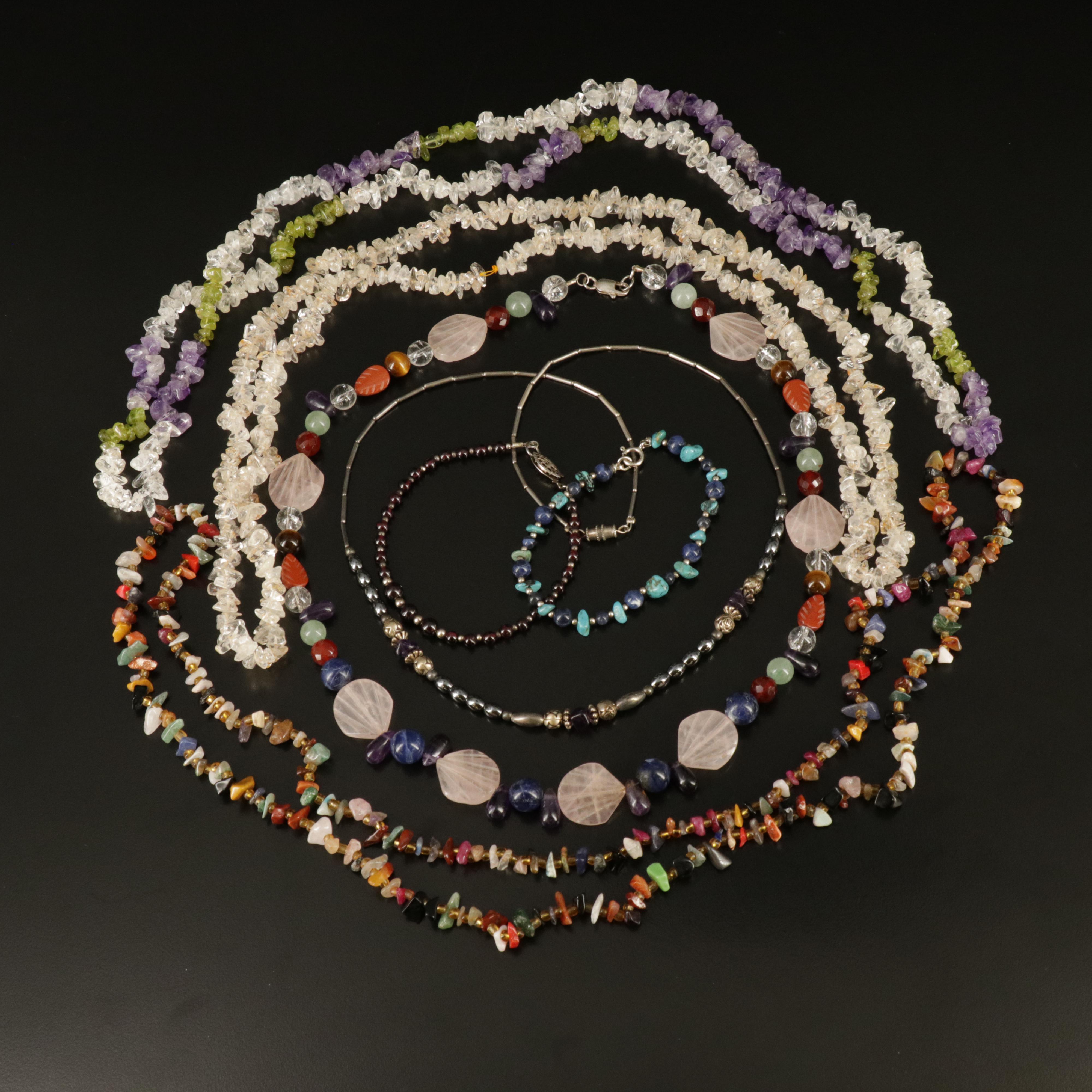 Necklaces and Bracelets Including Sterling, Tiger's Eye, Garnet and Peridot