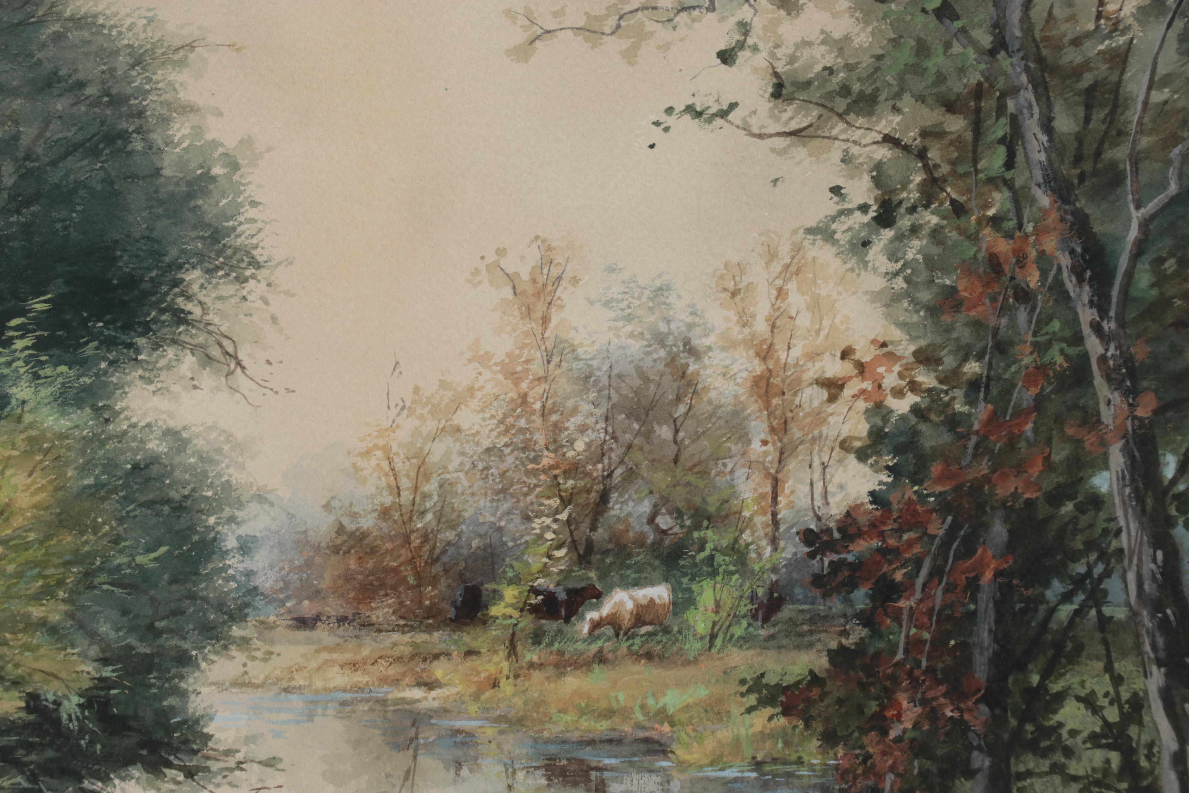 Francis Stayman Medairy Watercolor Painting of Pastoral Landscape with Cows