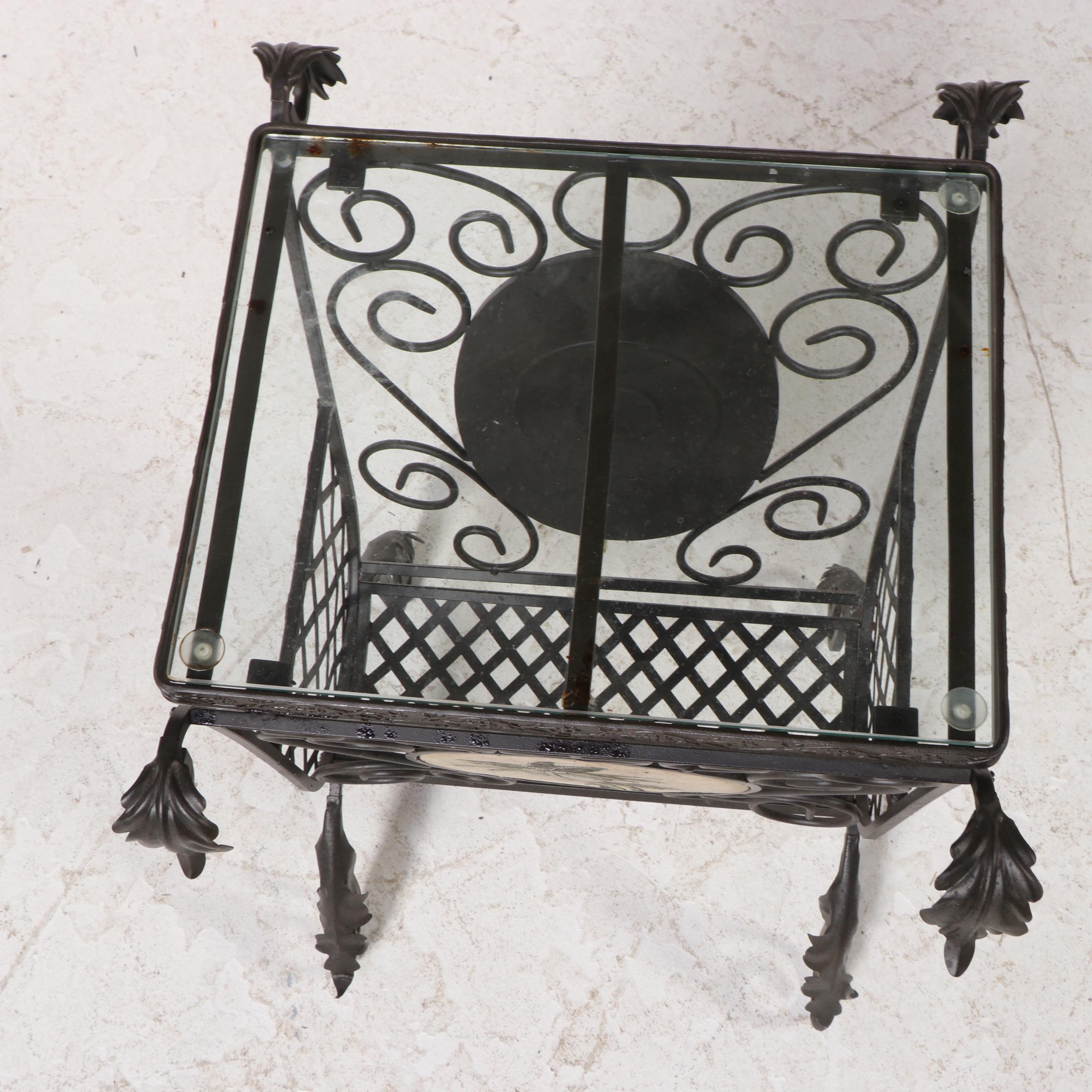 Scrolled Metal, Resin-Mounted, and Glass Top Side Table with Magazine Rack