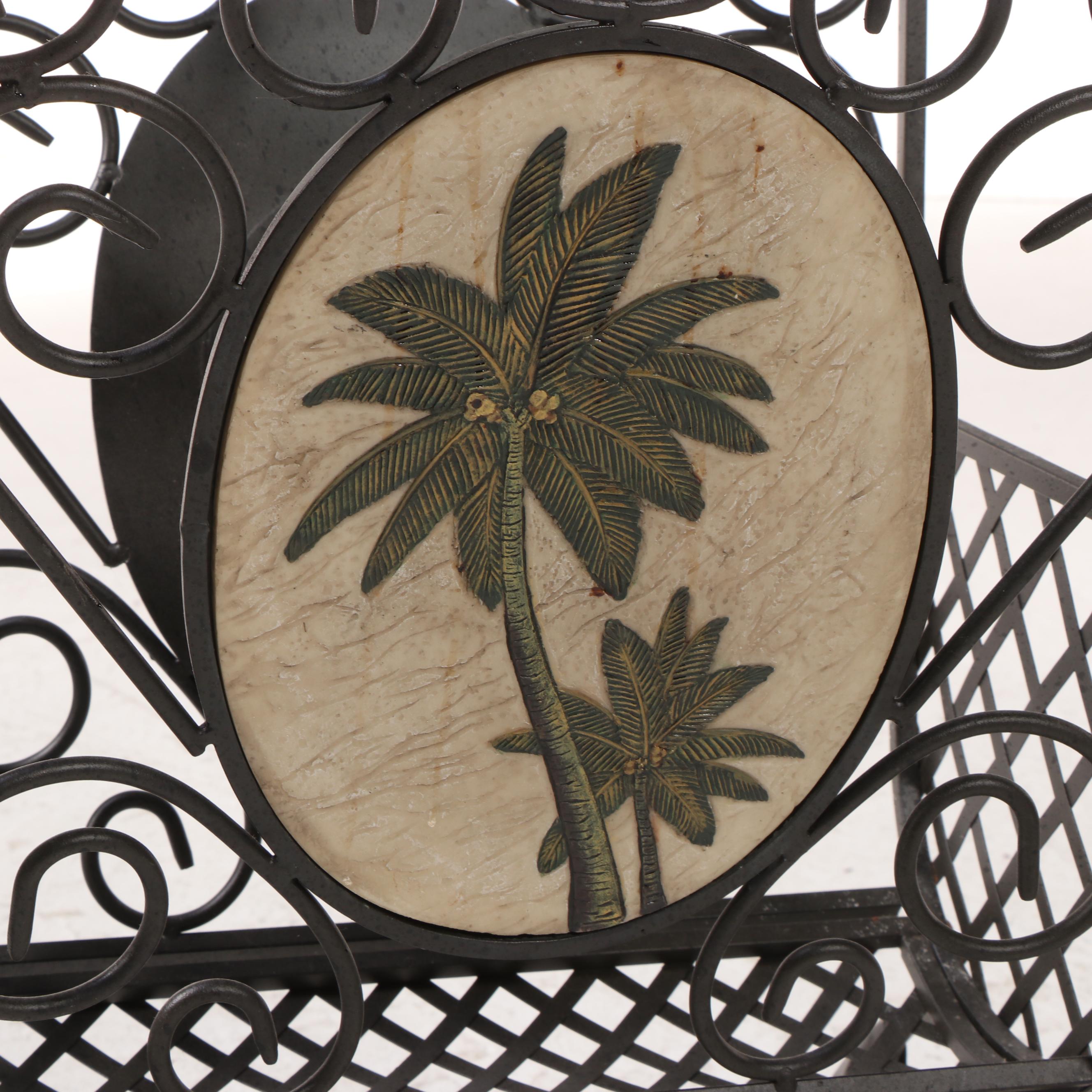 Scrolled Metal, Resin-Mounted, and Glass Top Side Table with Magazine Rack