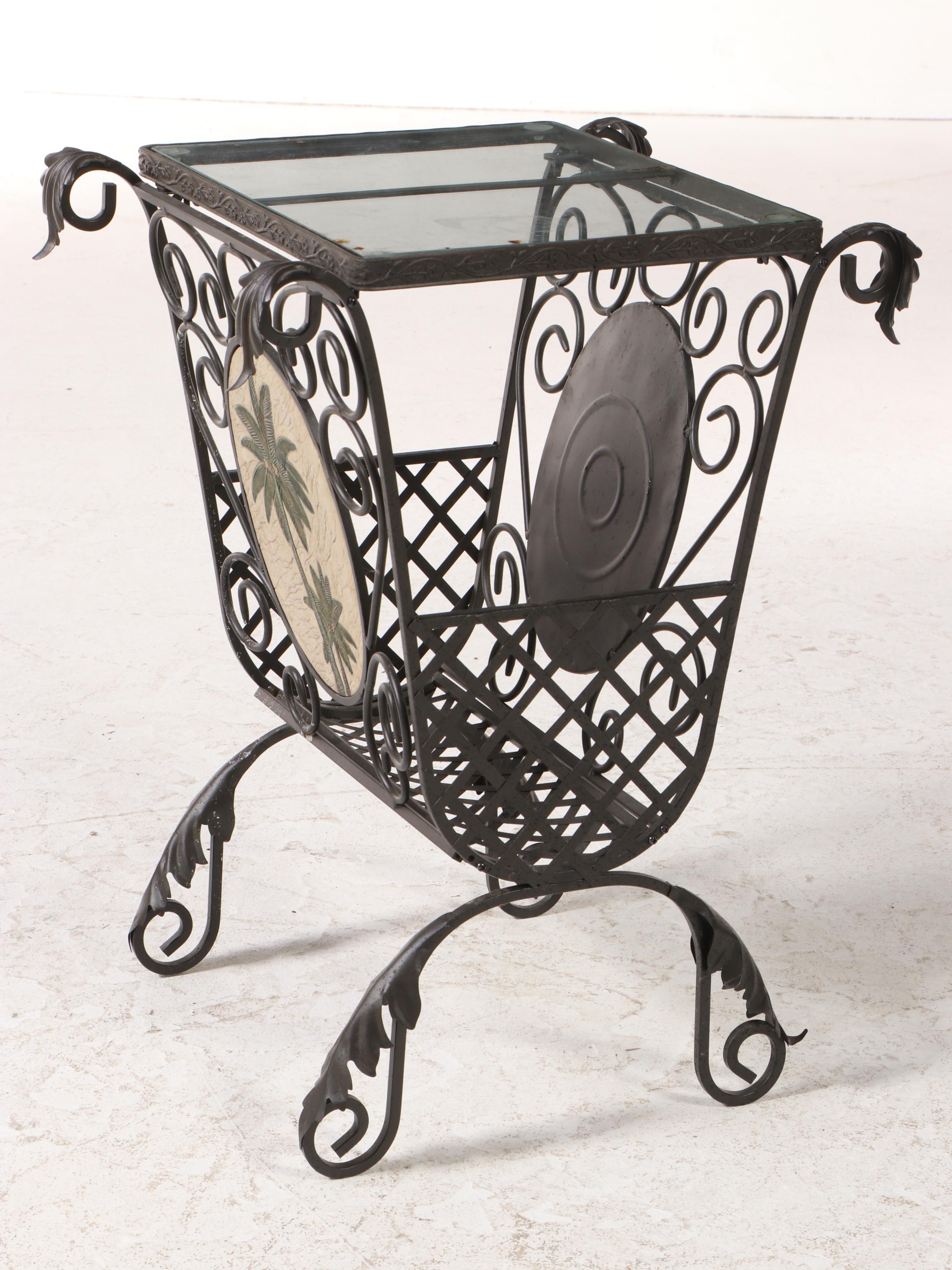 Scrolled Metal, Resin-Mounted, and Glass Top Side Table with Magazine Rack