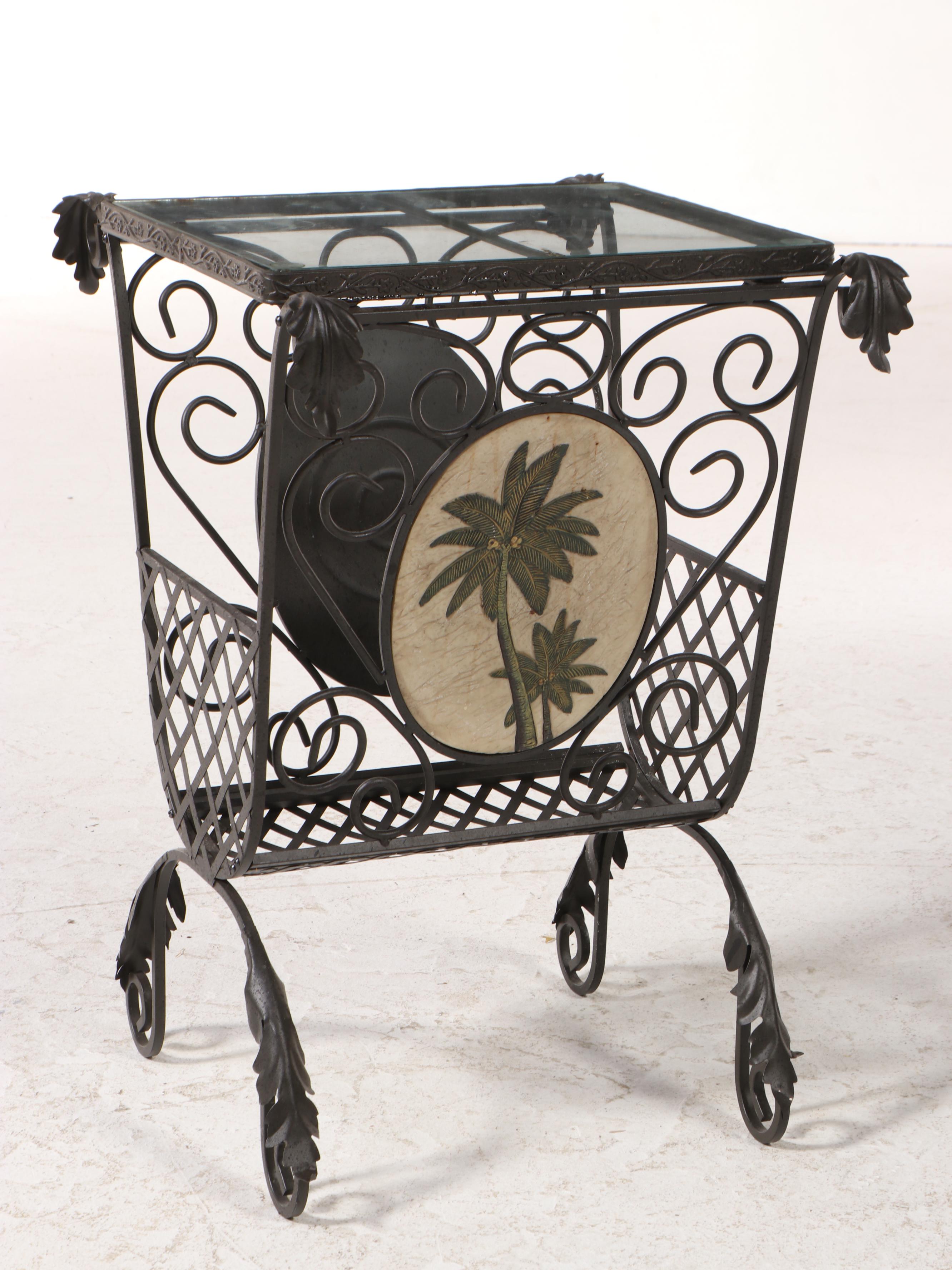 Scrolled Metal, Resin-Mounted, and Glass Top Side Table with Magazine Rack