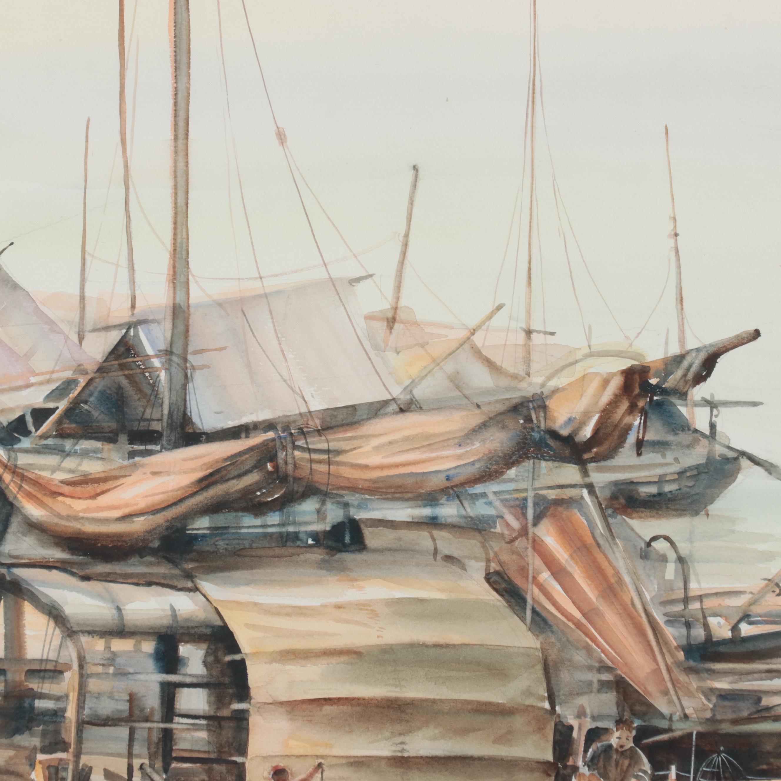 Lee Hung East Asian Harbor Scene Watercolor Painting