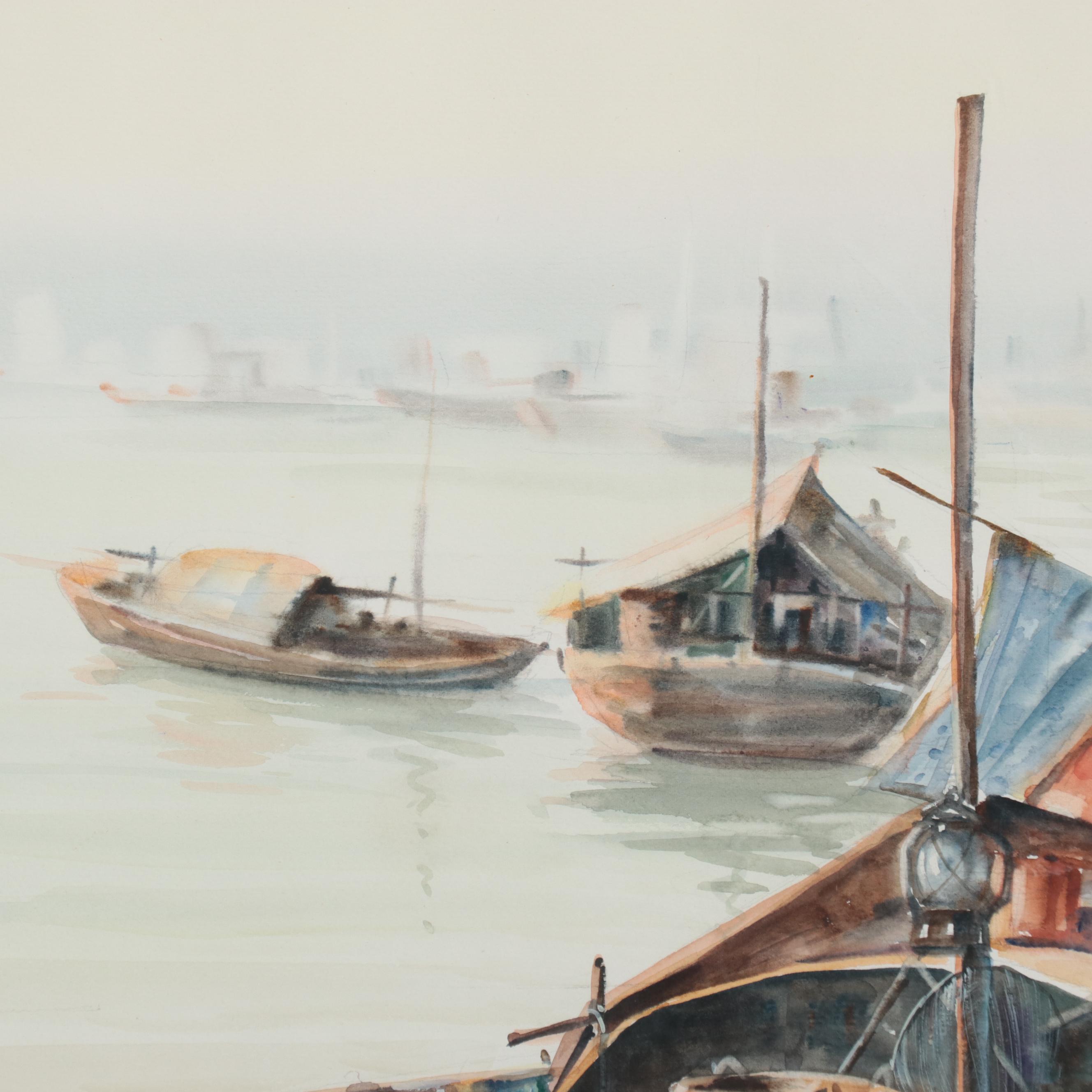 Lee Hung East Asian Harbor Scene Watercolor Painting