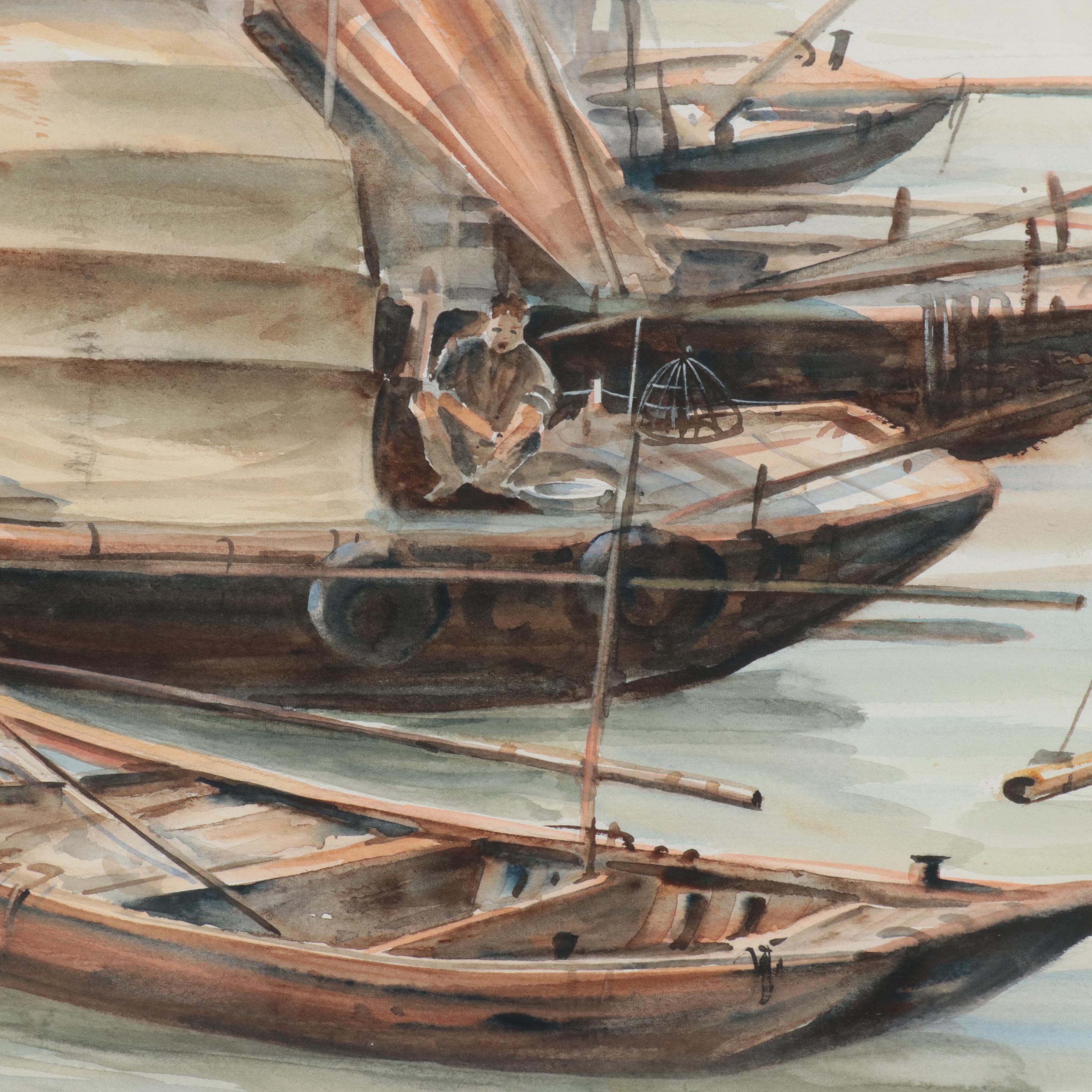 Lee Hung East Asian Harbor Scene Watercolor Painting