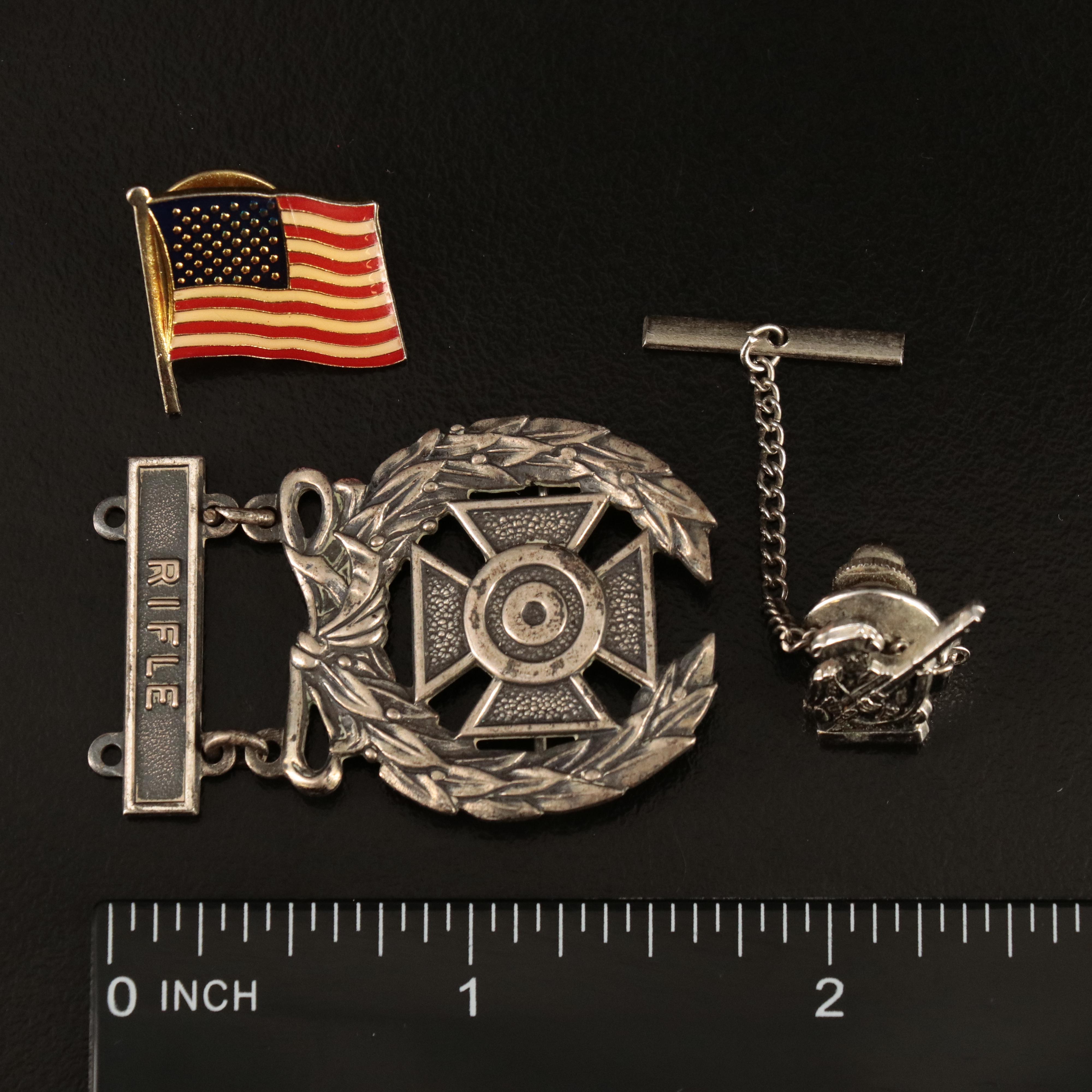 Military Badges, Flags and Pins Including Sterling Badge with Wreath