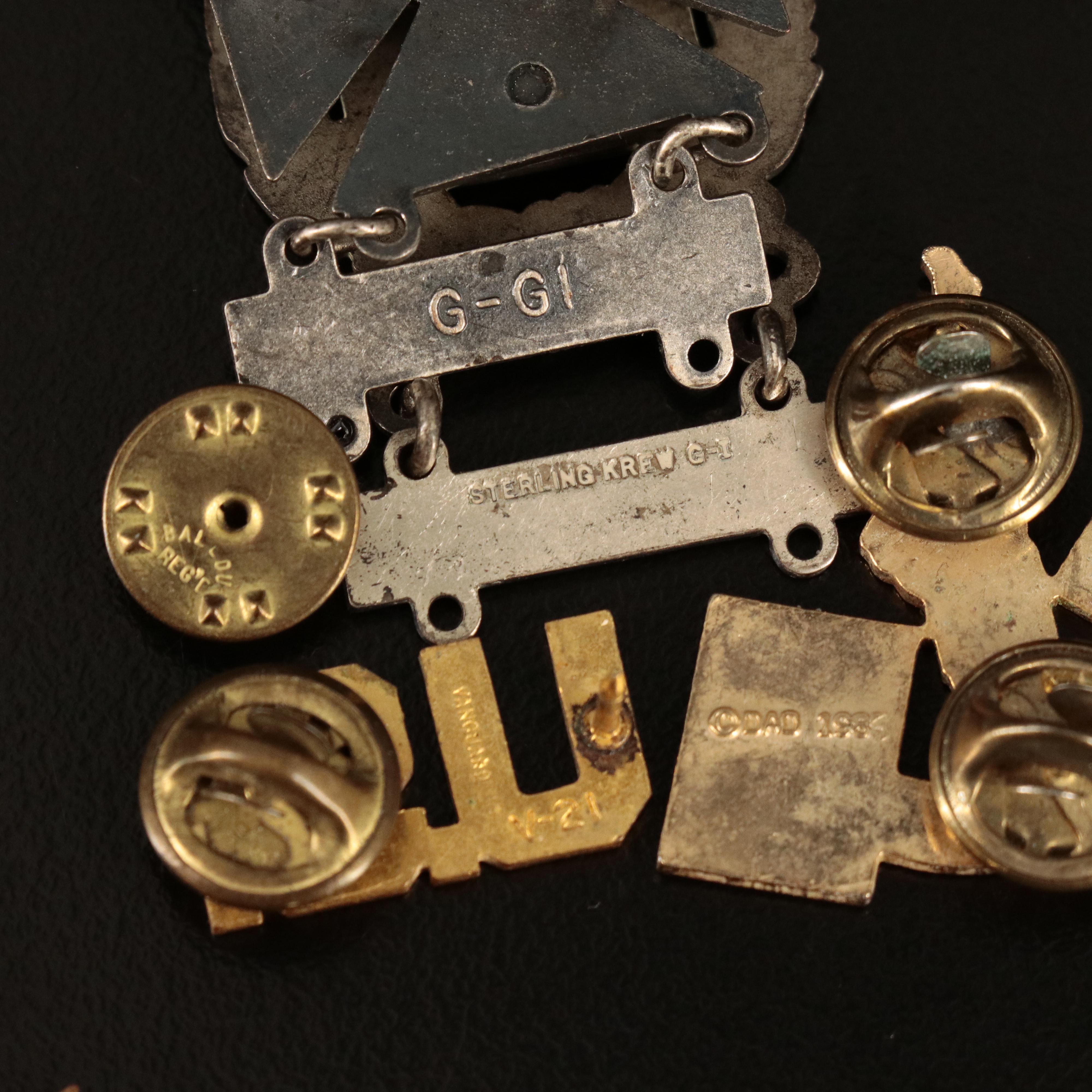 Military Badges, Flags and Pins Including Sterling Badge with Wreath