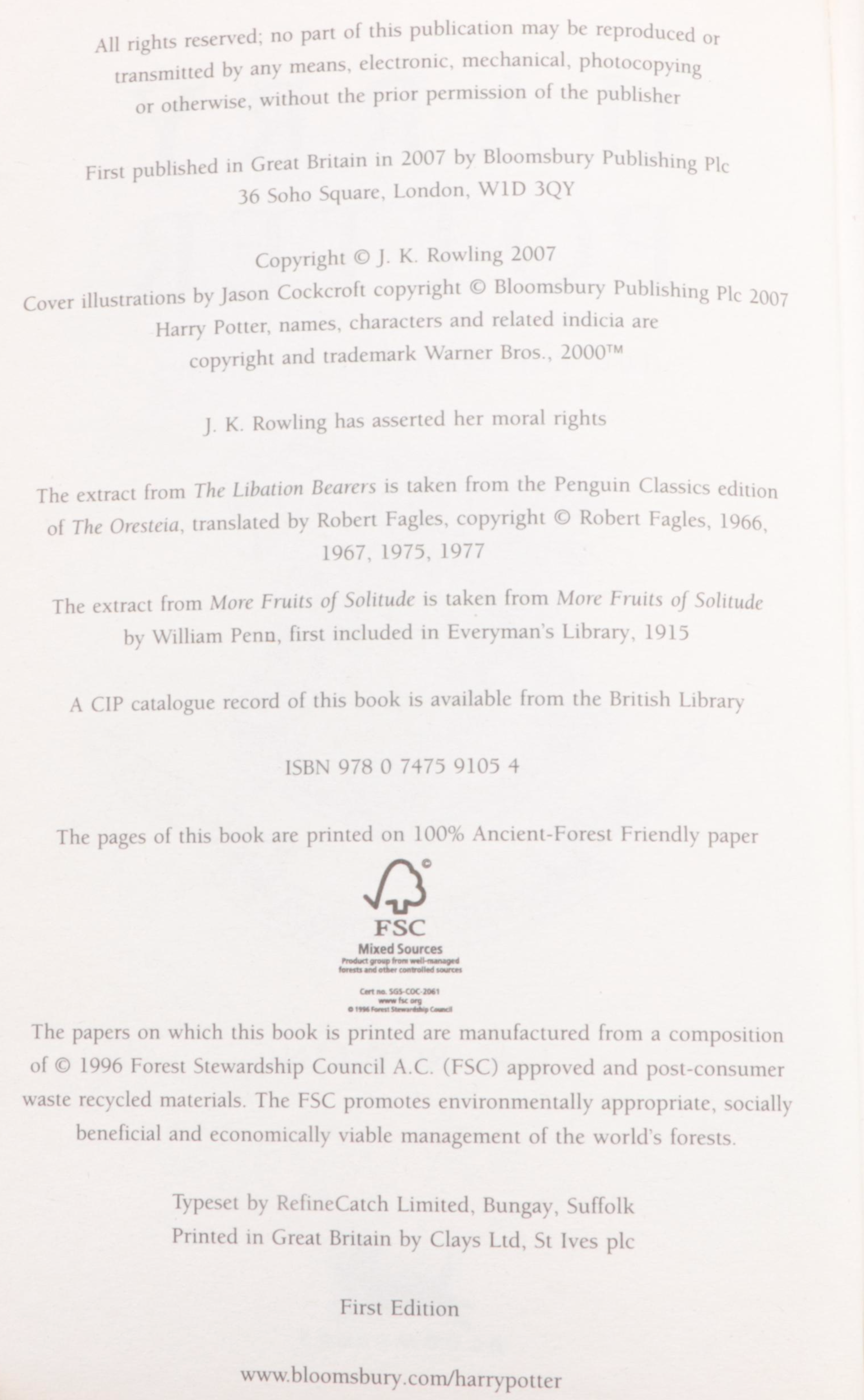 First UK Edition "Harry Potter and the Deathly Hallows" by J. K. Rowling, 2007