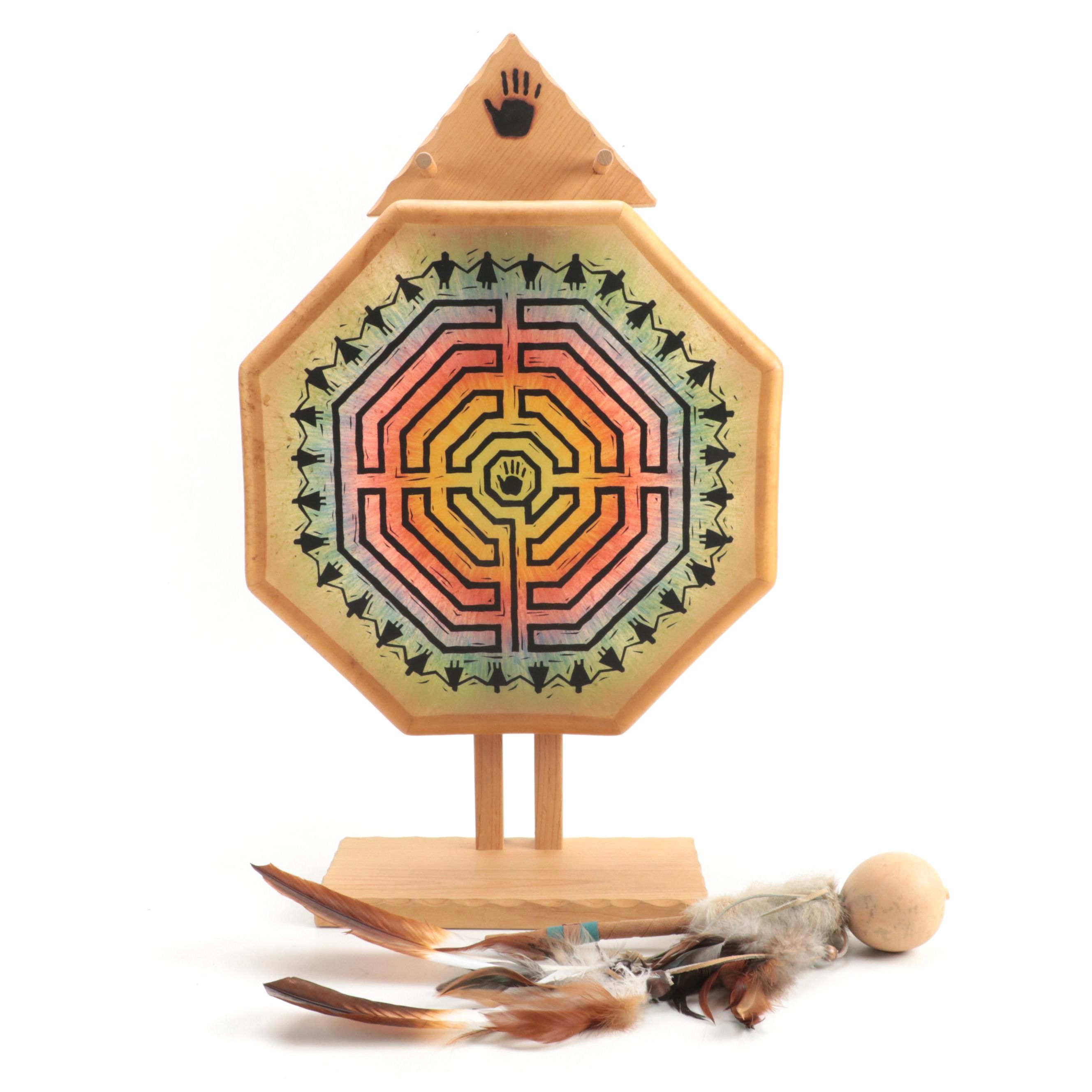 All One Tribe Hide Drum with Stand and Feather and Fur Ornamented Stick