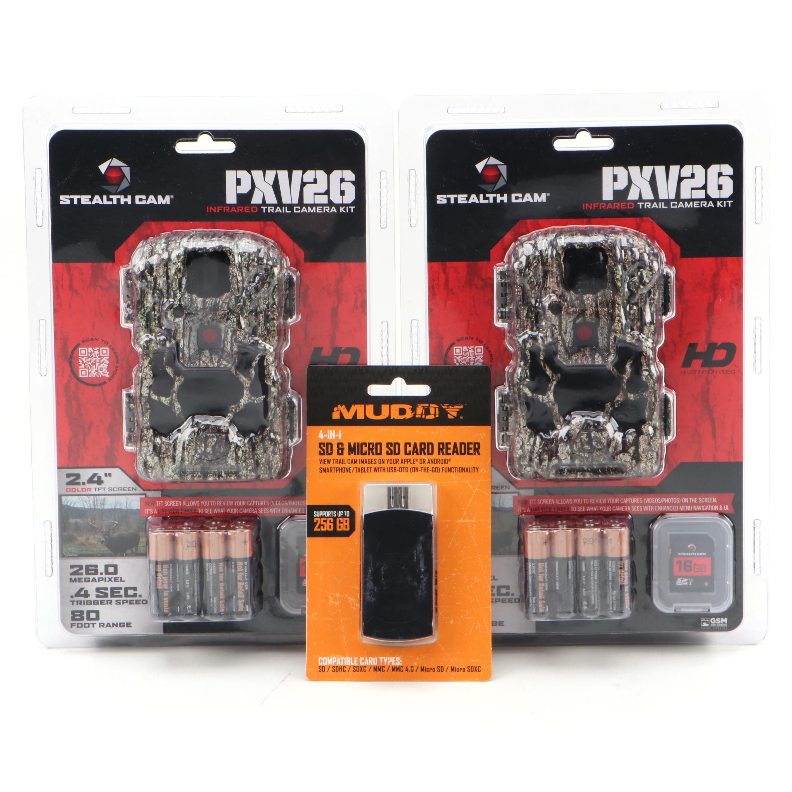 Two Stealth Cam PXV26 Infrared Trail Camera Kits With Muddy SD Card