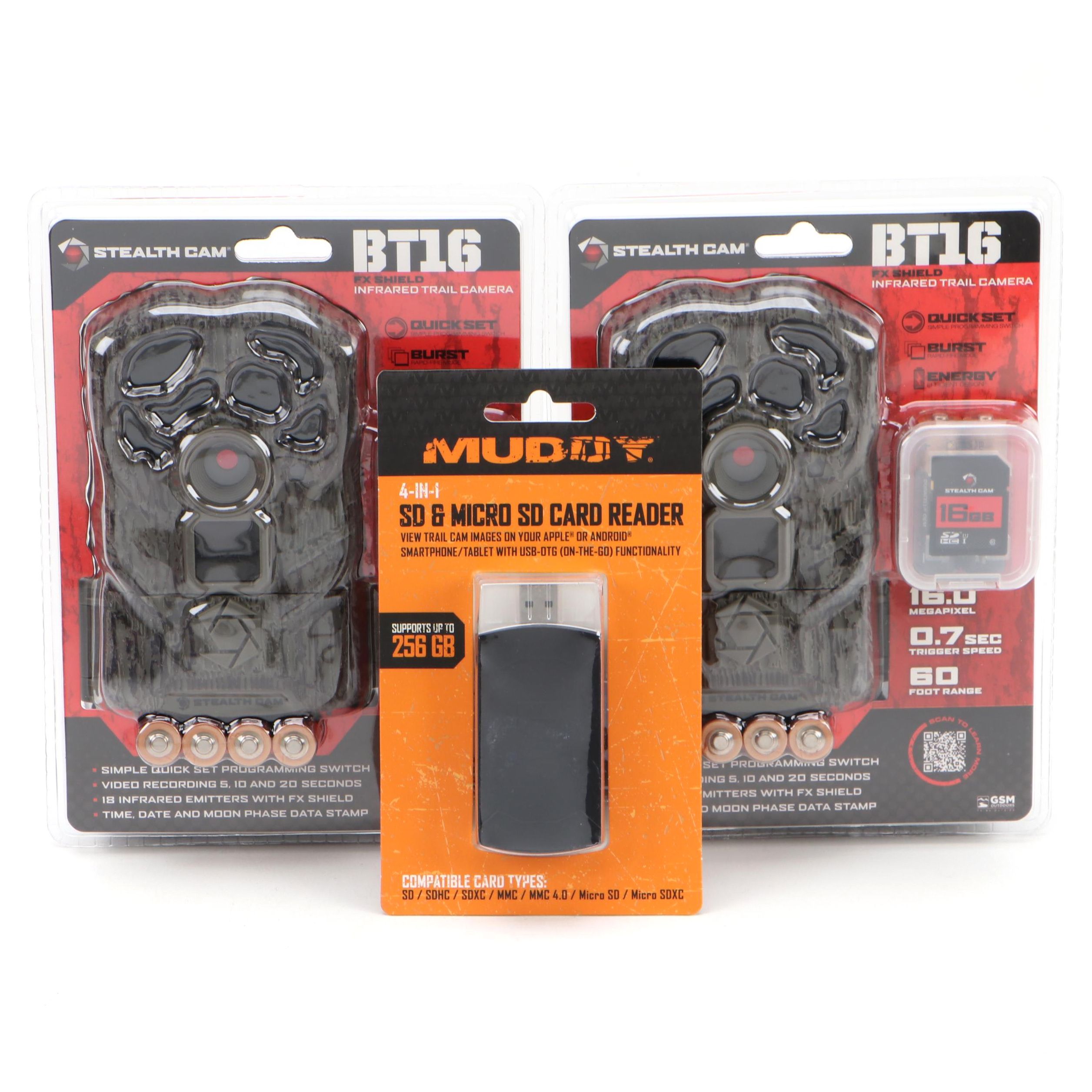 Two Stealth Cam BT16 FX Shield Infrared Trail Cameras With Muddy SD Card Reader